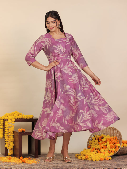 Blended Silk Floral Anarkali Purple Dress