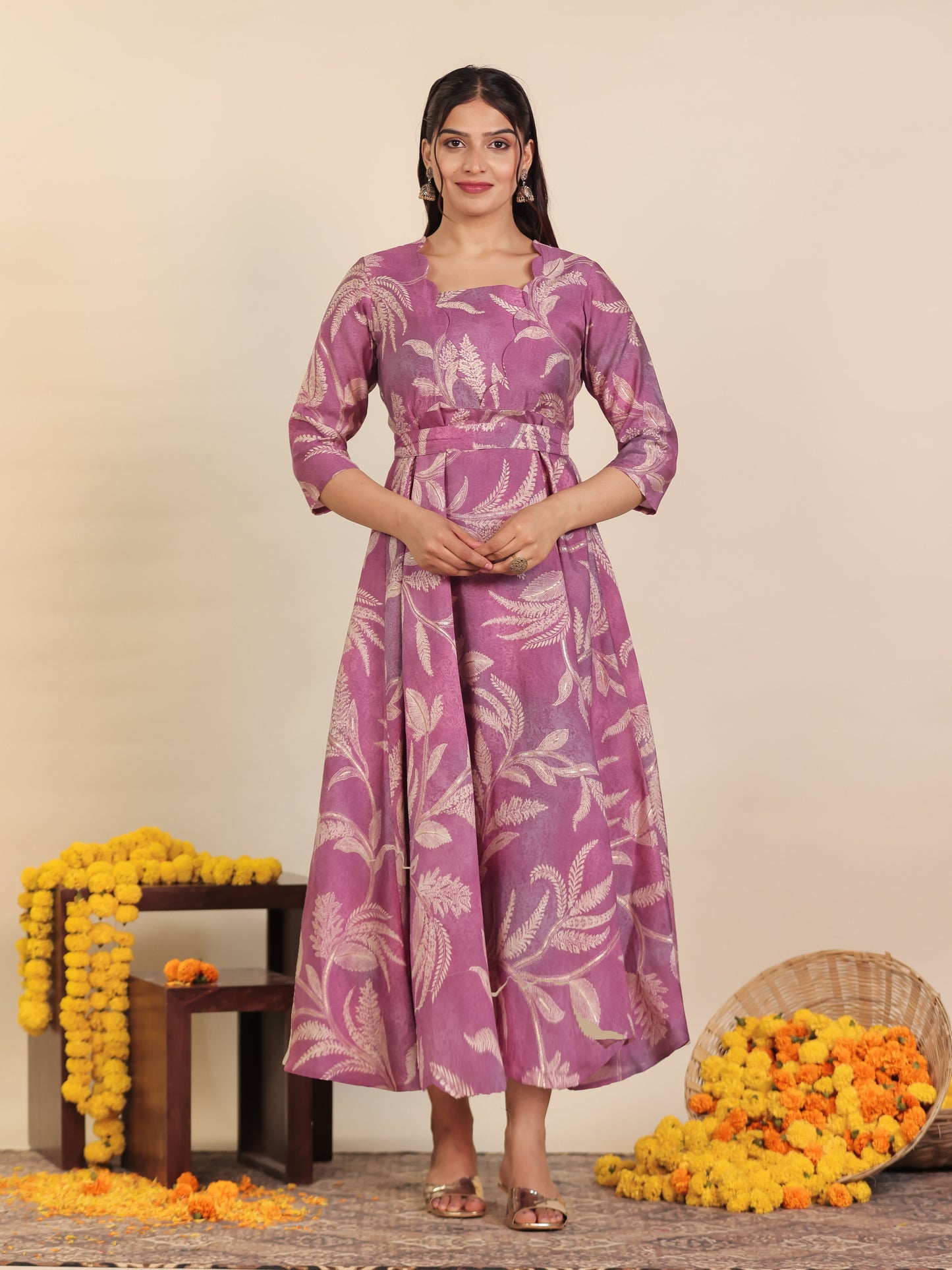 Muslin Floral Anarkali Purple Dress