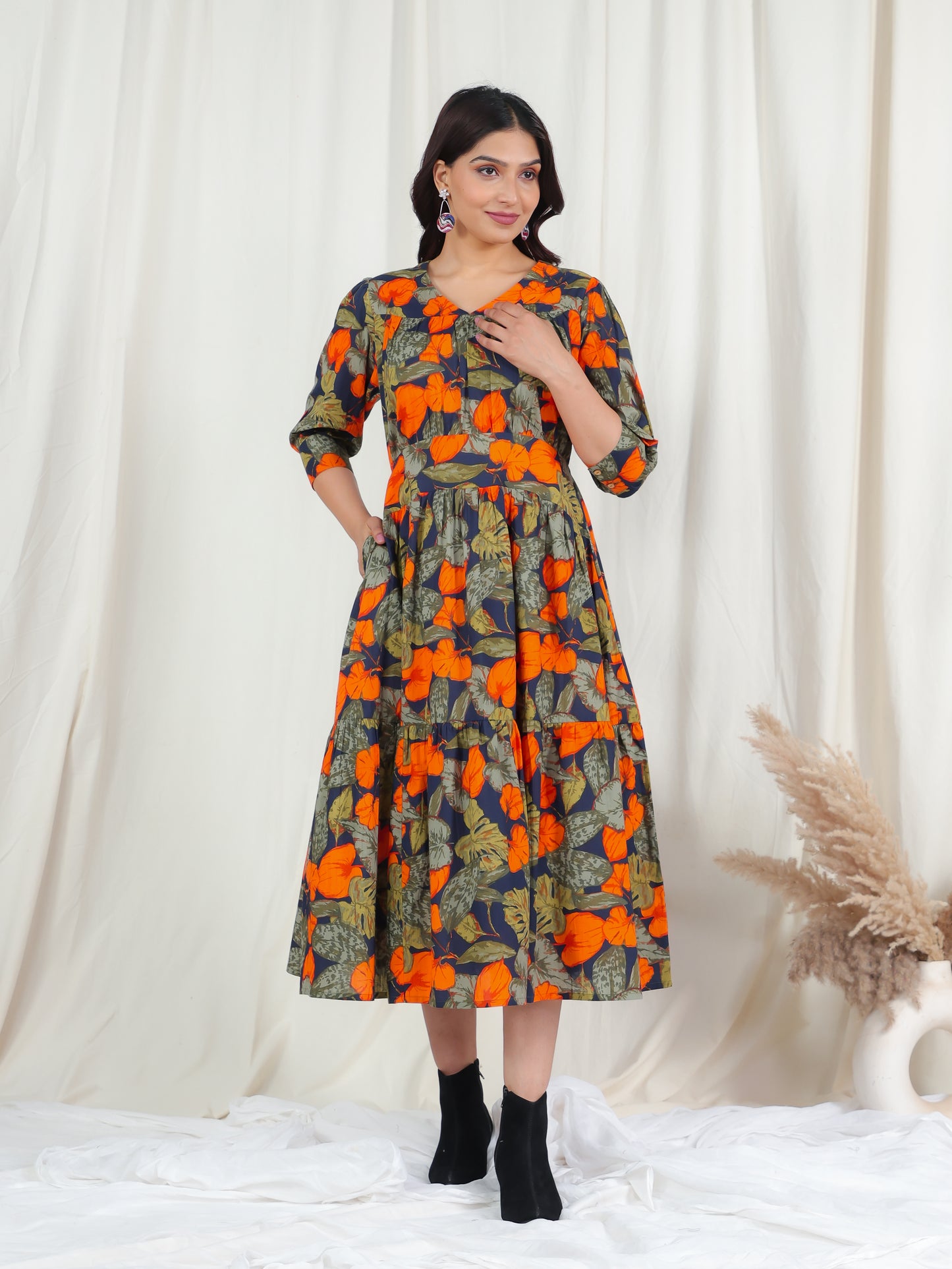 Soft Cotton Foliage Gathered Green Dress