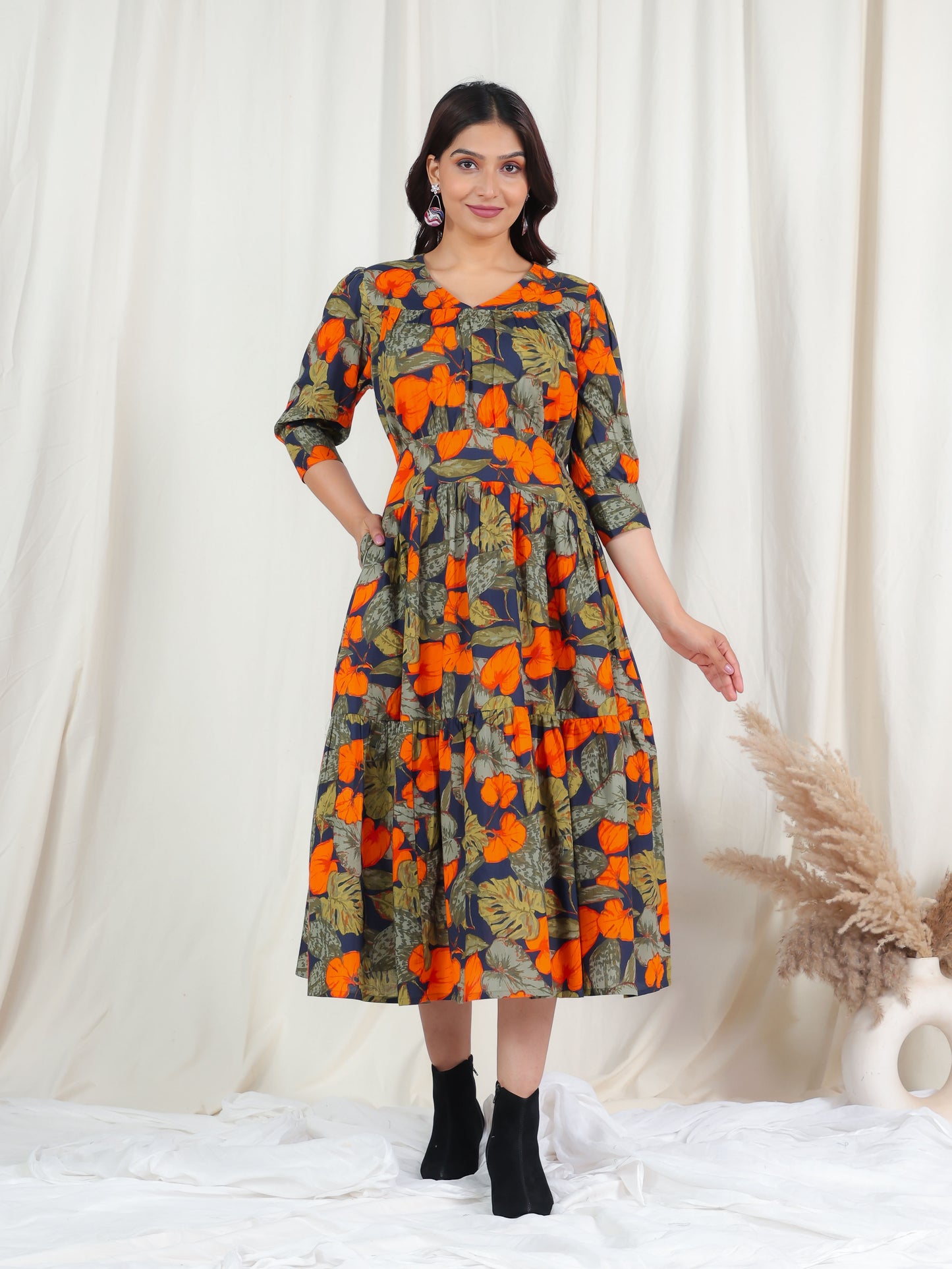 Soft Cotton Foliage Gathered Green Dress
