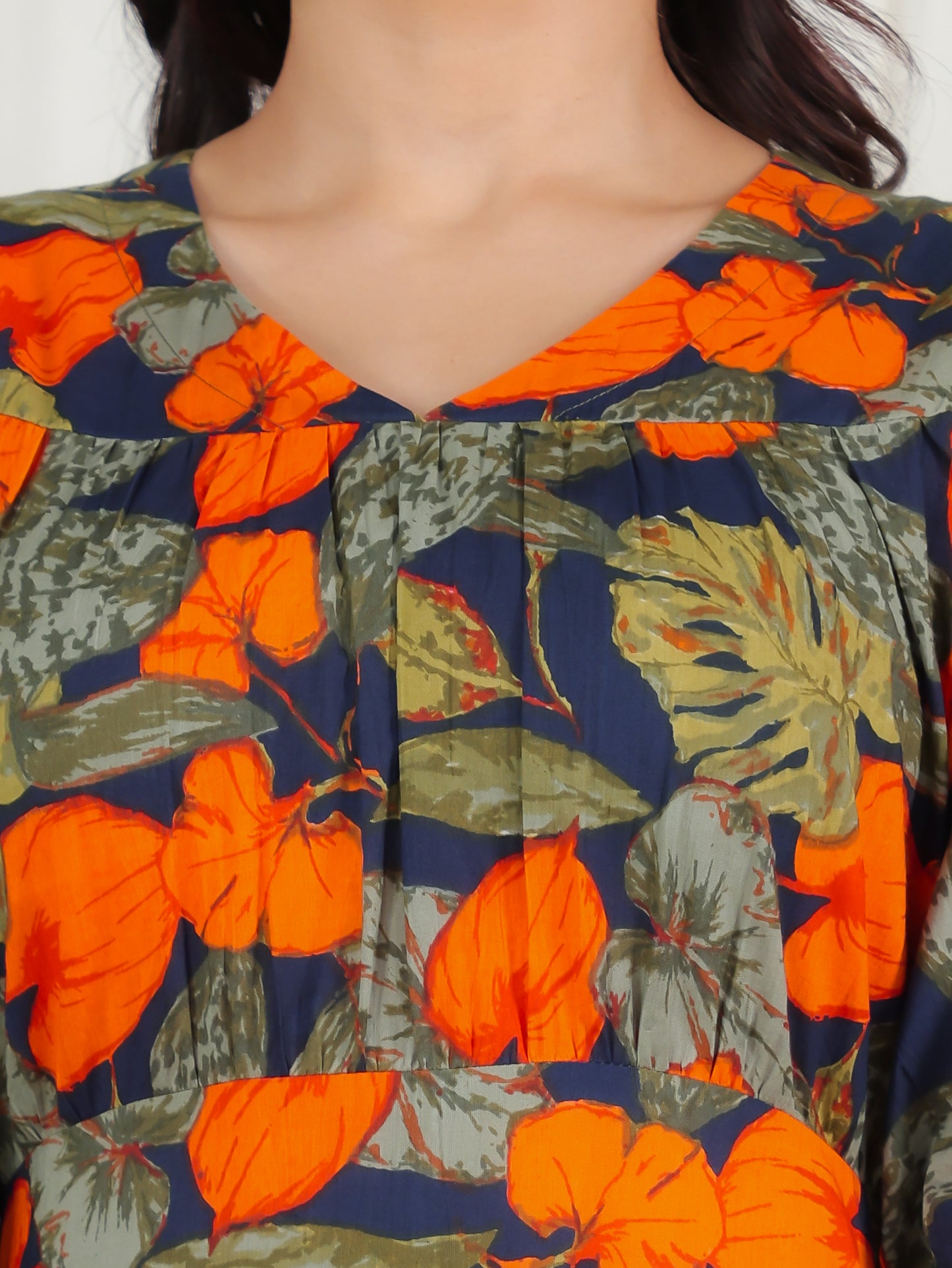 Soft Cotton Foliage Gathered Green Dress