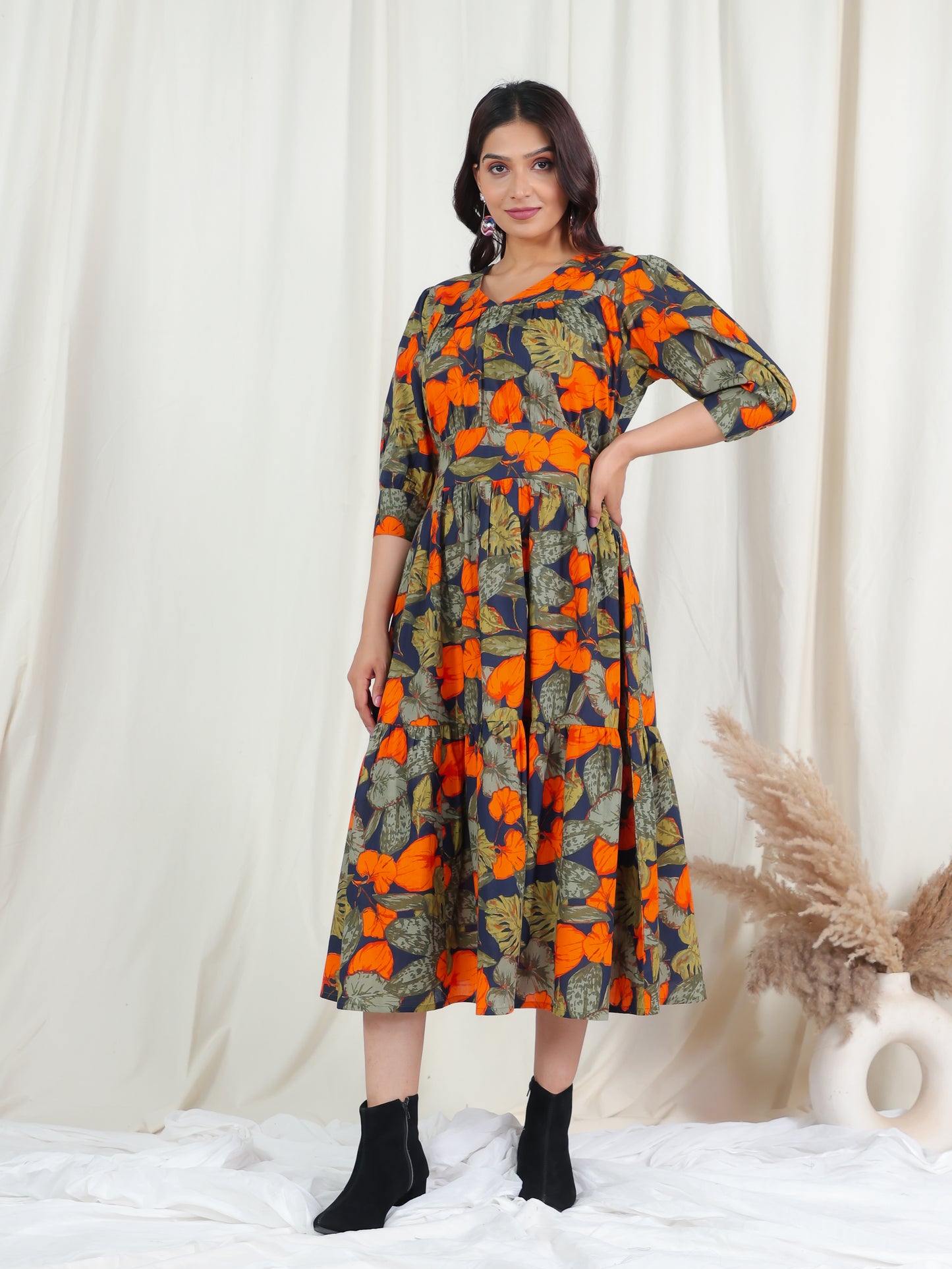 Soft Cotton Foliage Gathered Green Dress