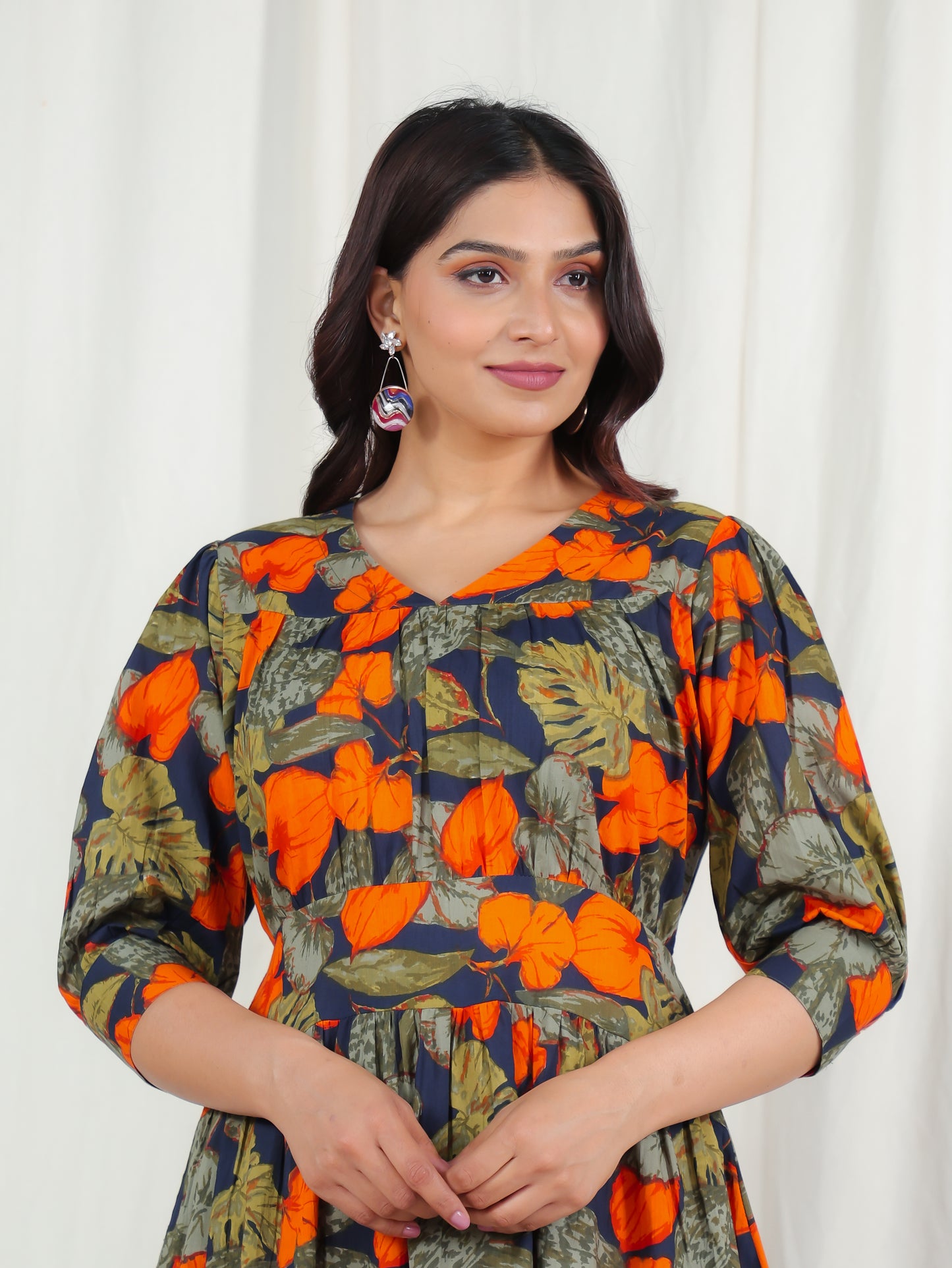 Soft Cotton Foliage Gathered Green Dress