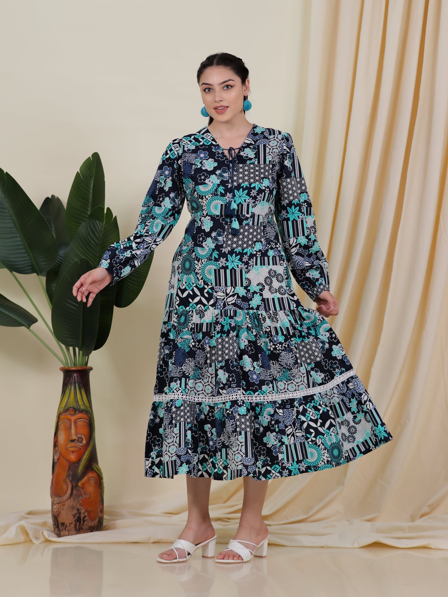Soft Cotton Patchwork Tiered Blue Dress