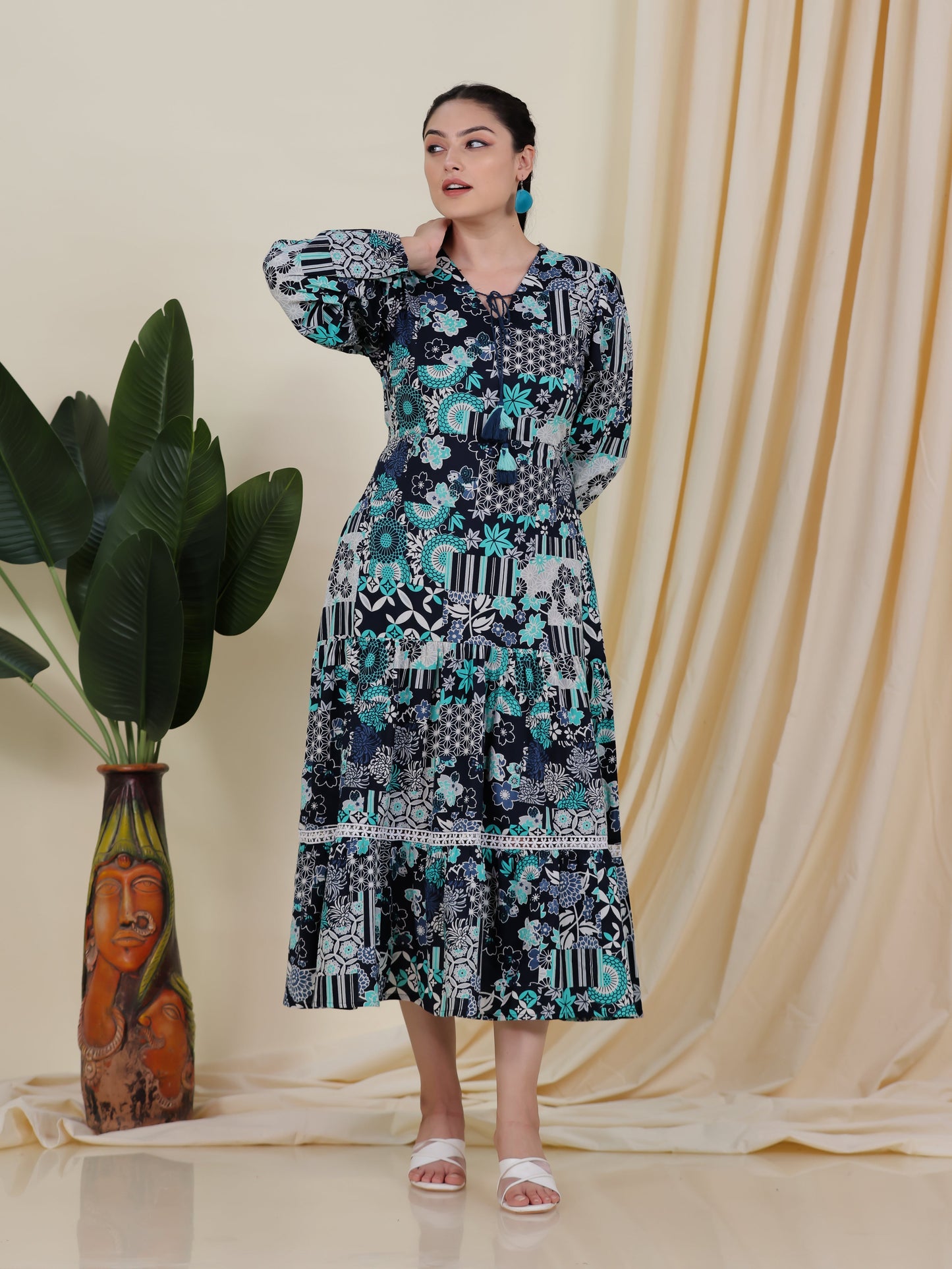Soft Cotton Patchwork Tiered Blue Dress