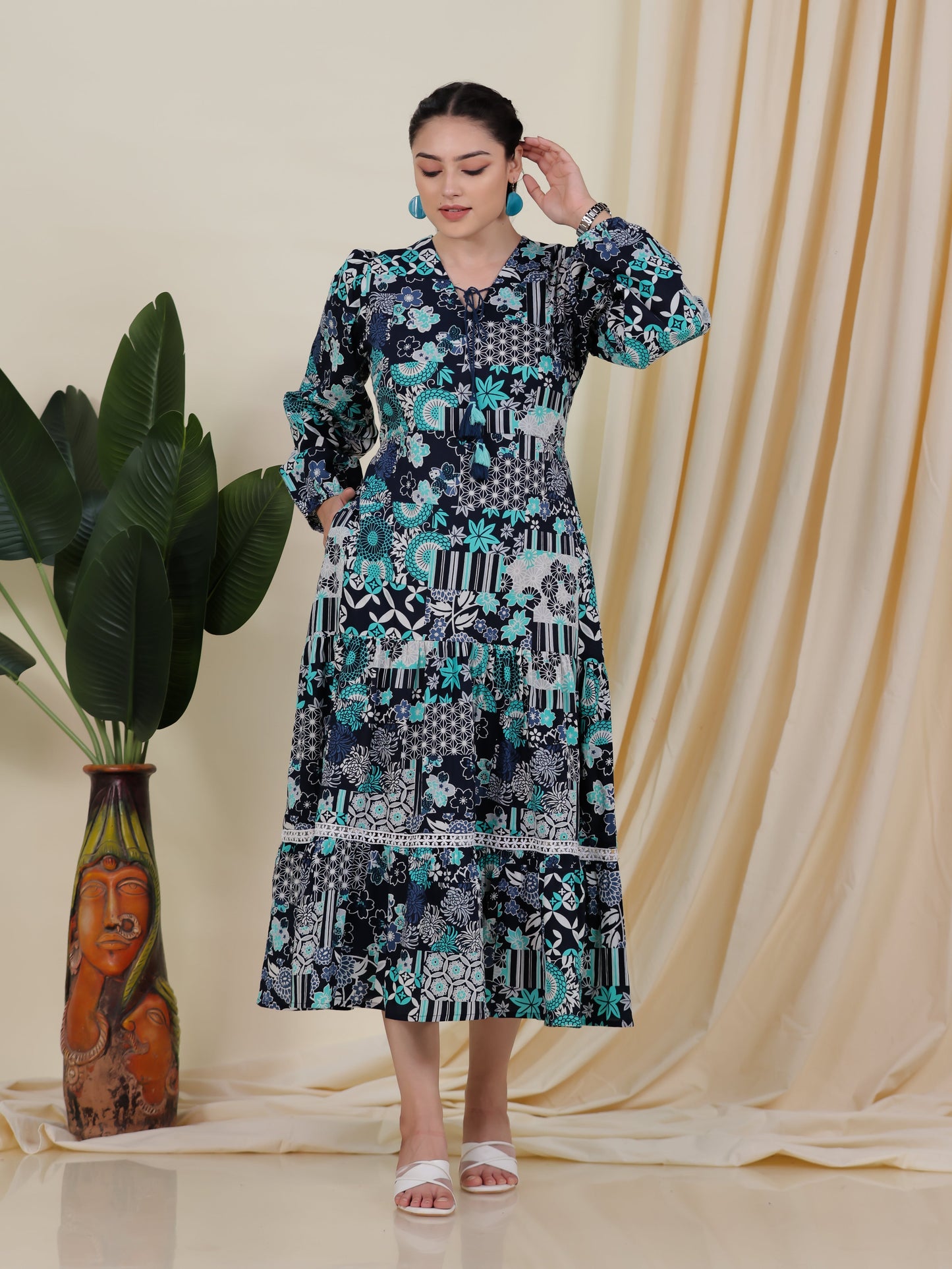 Soft Cotton Patchwork Tiered Blue Dress
