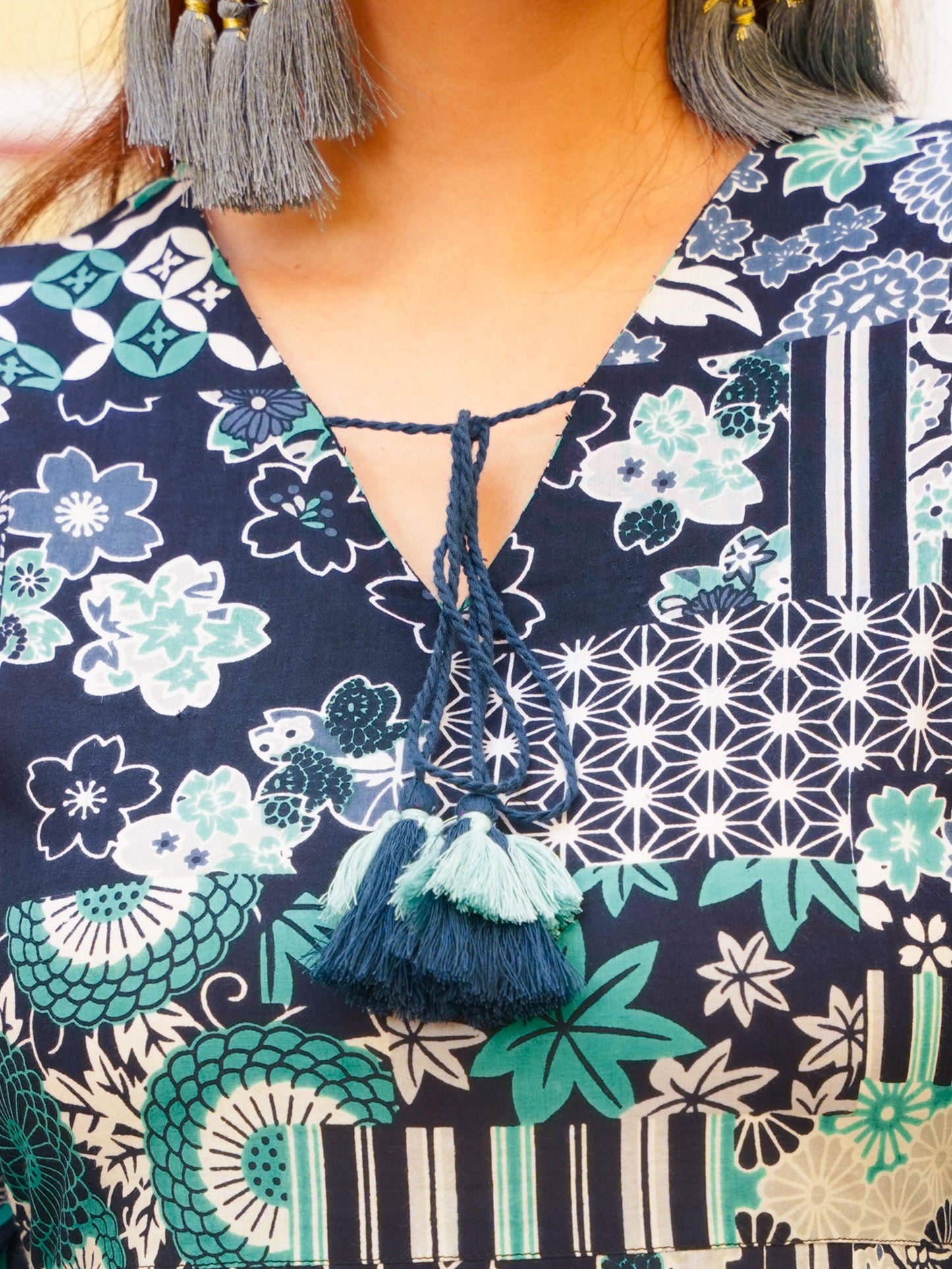 Soft Cotton Patchwork Tiered Blue Dress