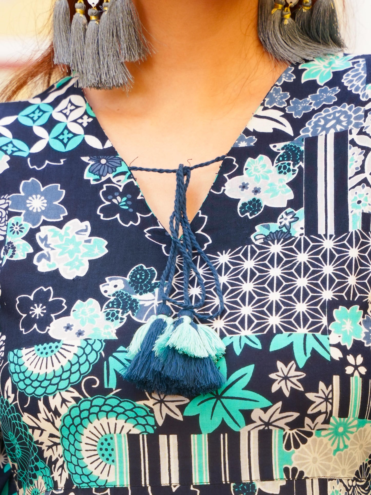 Soft Cotton Patchwork Tiered Blue Dress