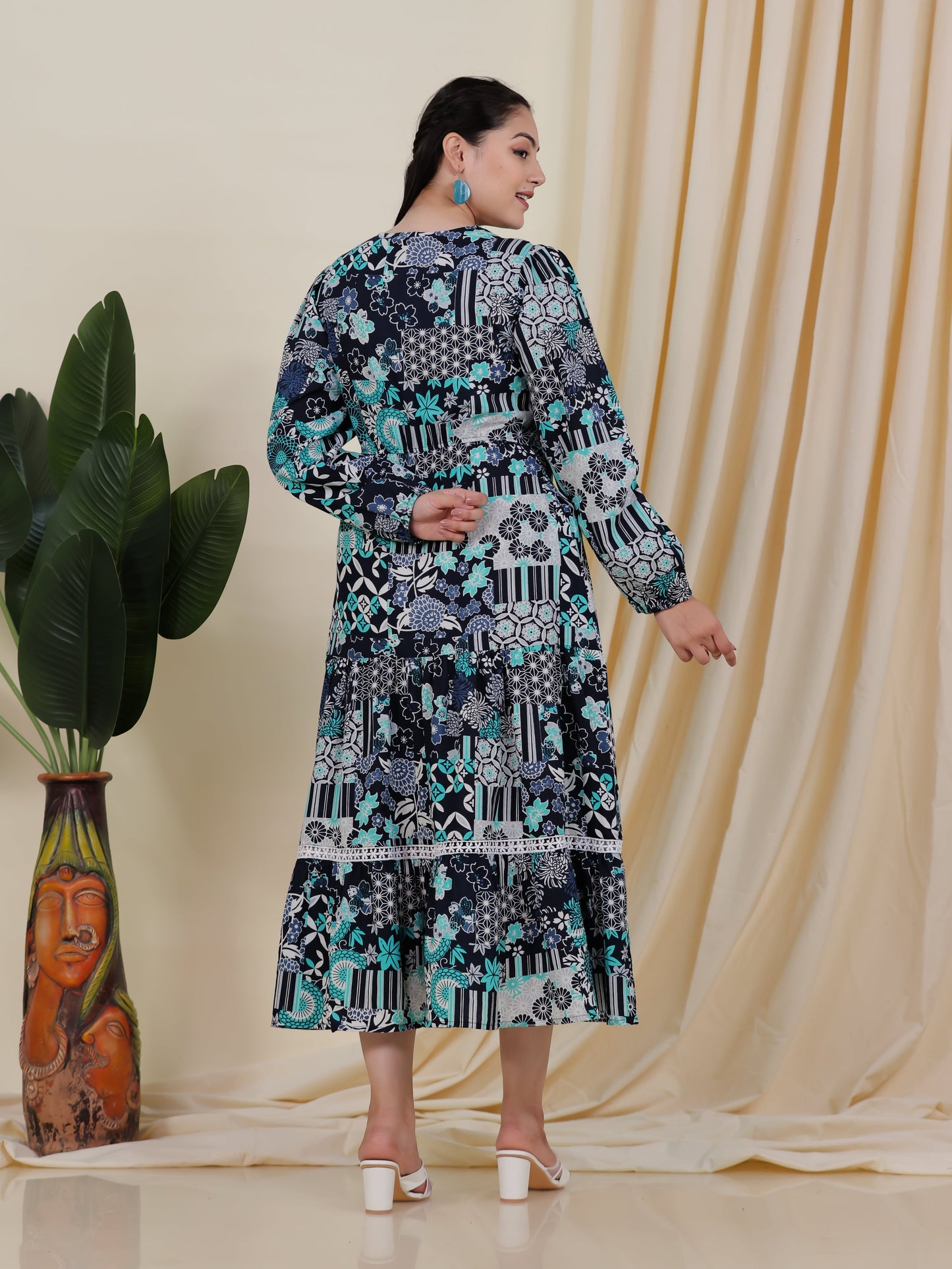 Soft Cotton Patchwork Tiered Blue Dress