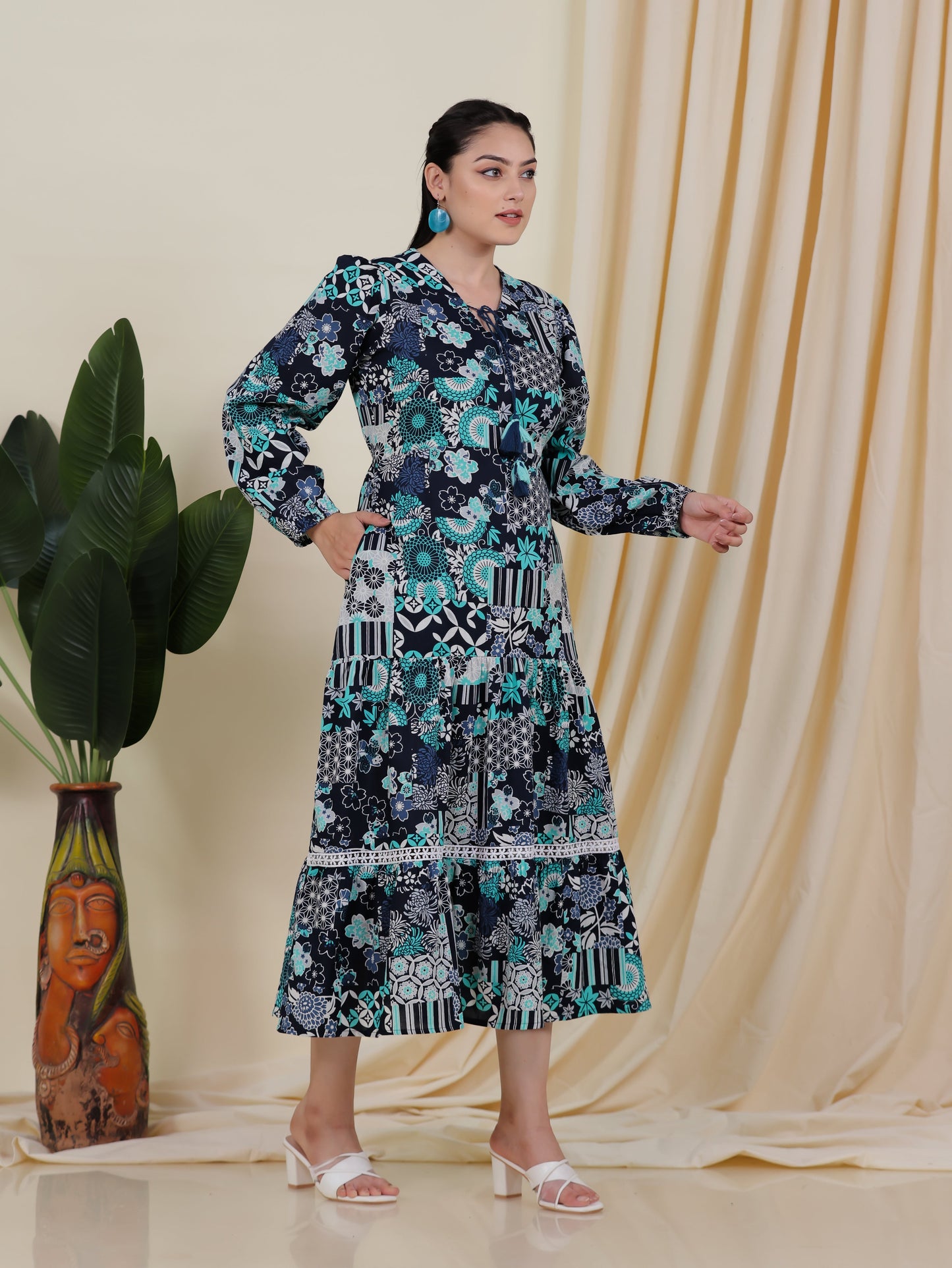 Soft Cotton Patchwork Tiered Blue Dress