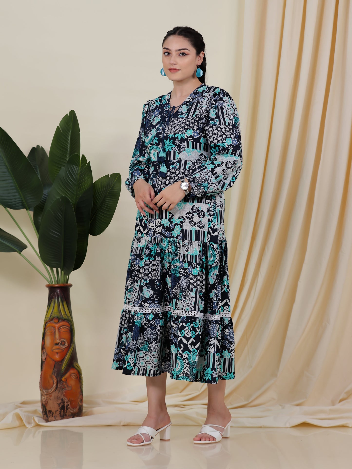 Soft Cotton Patchwork Tiered Blue Dress