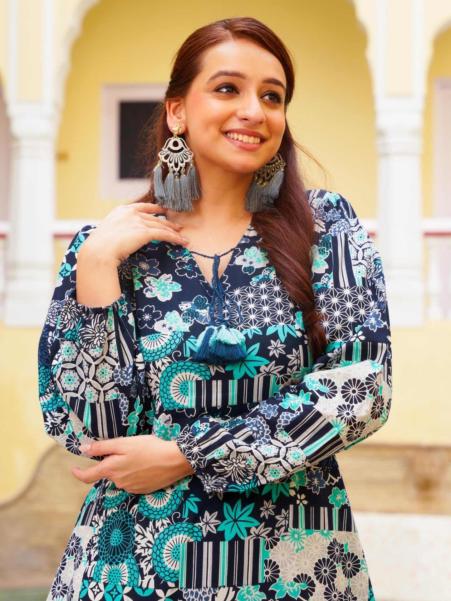 Soft Cotton Patchwork Tiered Blue Dress