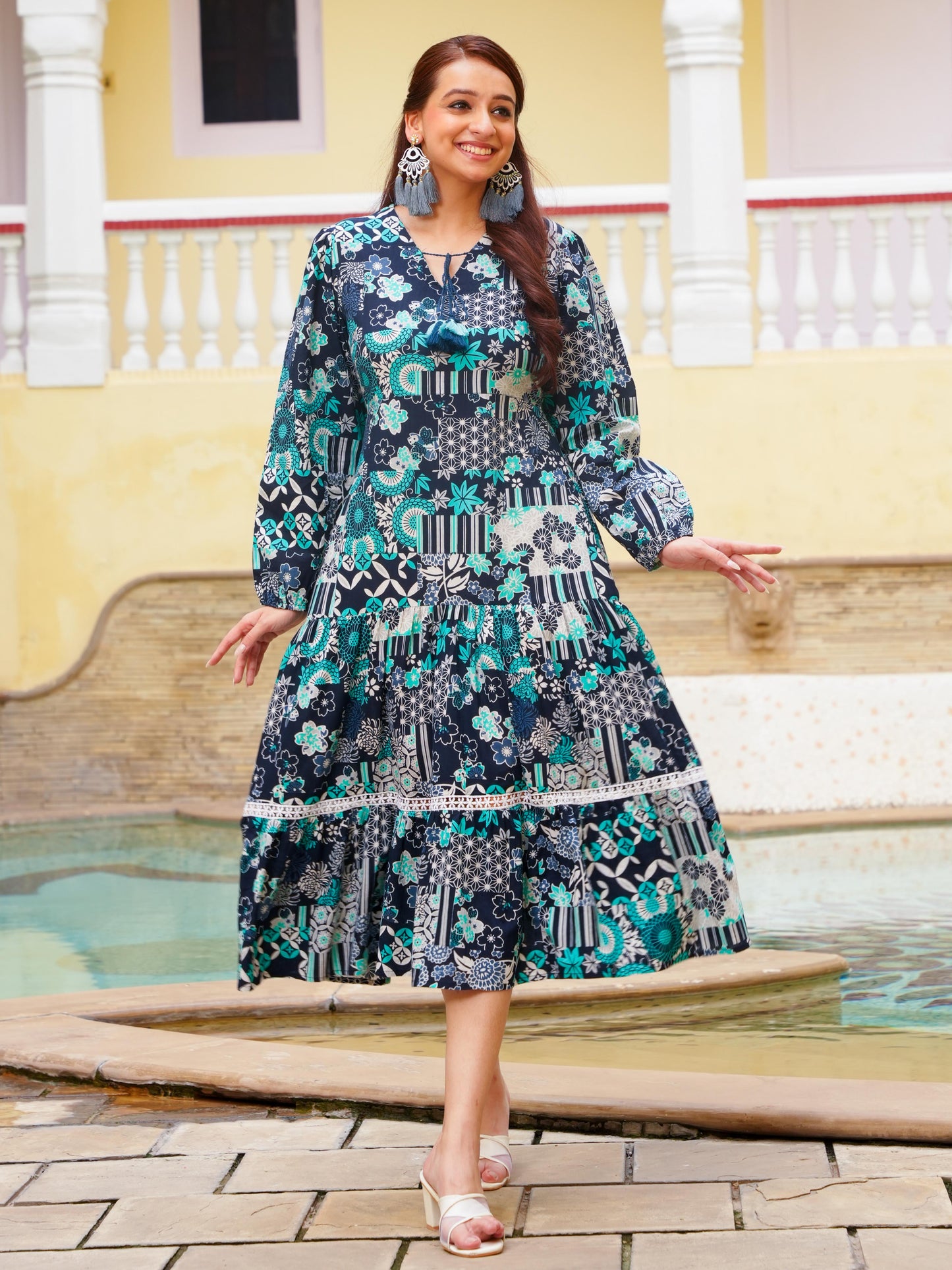 Soft Cotton Patchwork Tiered Blue Dress