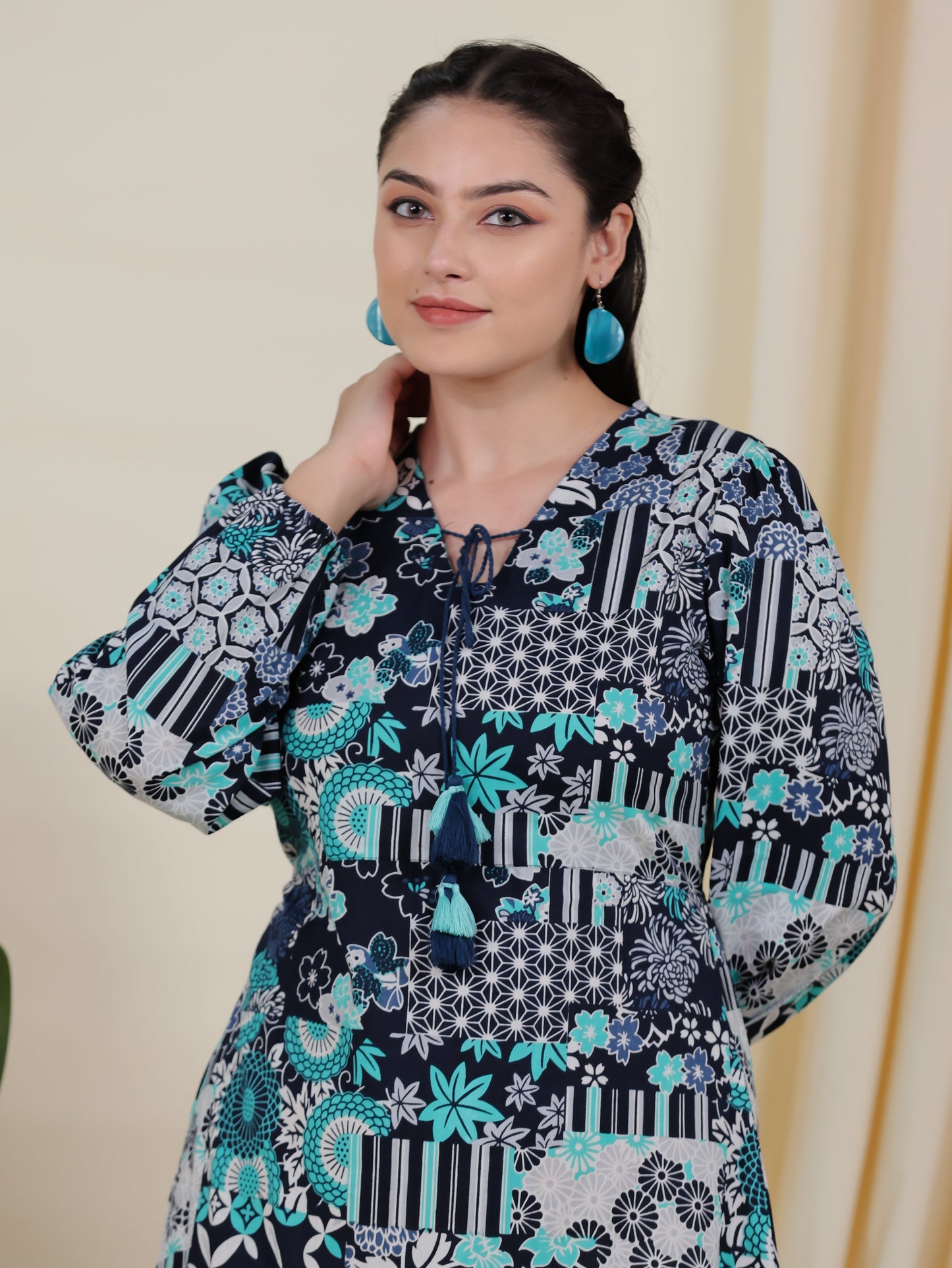 Soft Cotton Patchwork Tiered Blue Dress