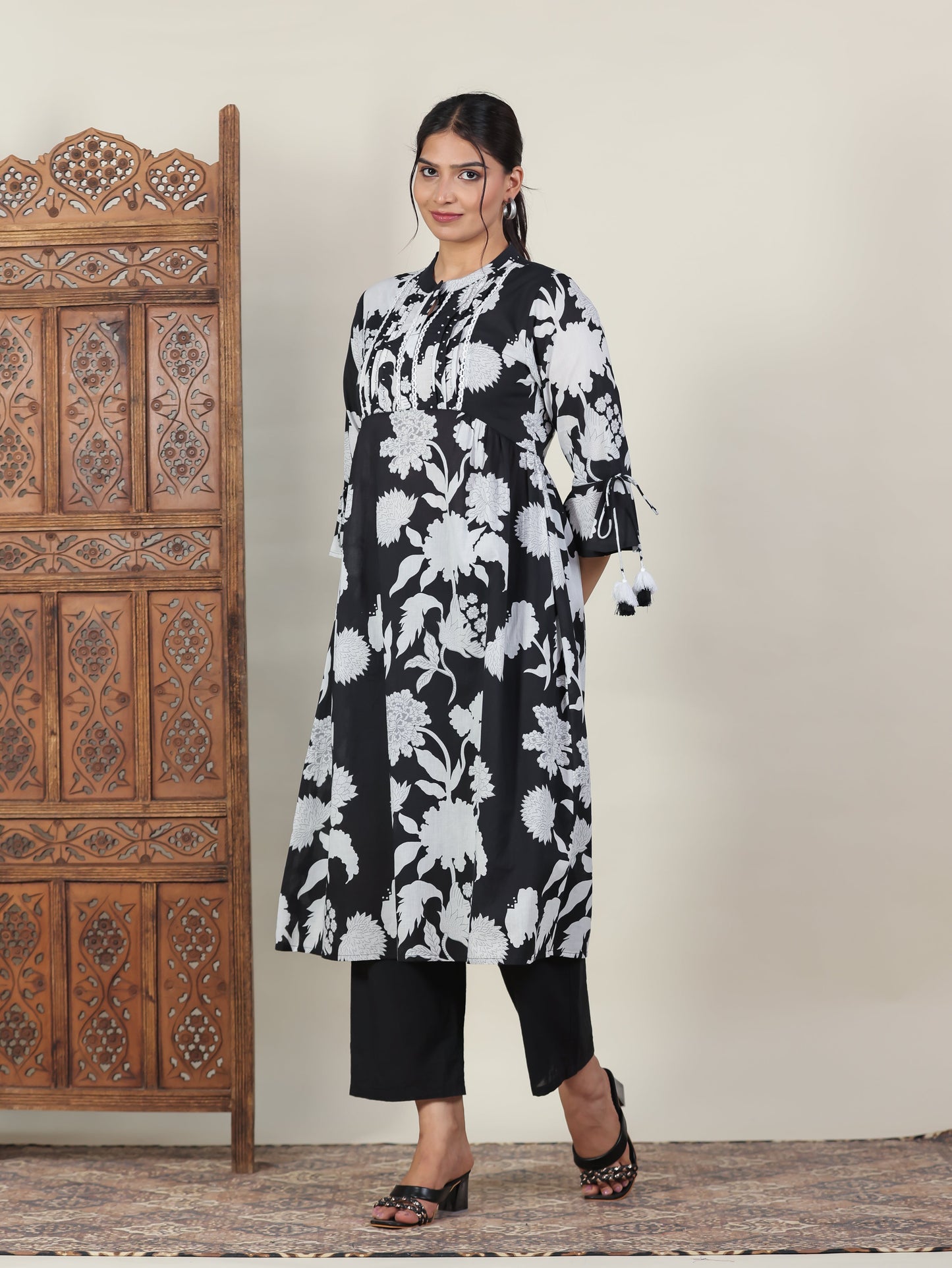 Soft Cotton Floral A-line Black Kurta