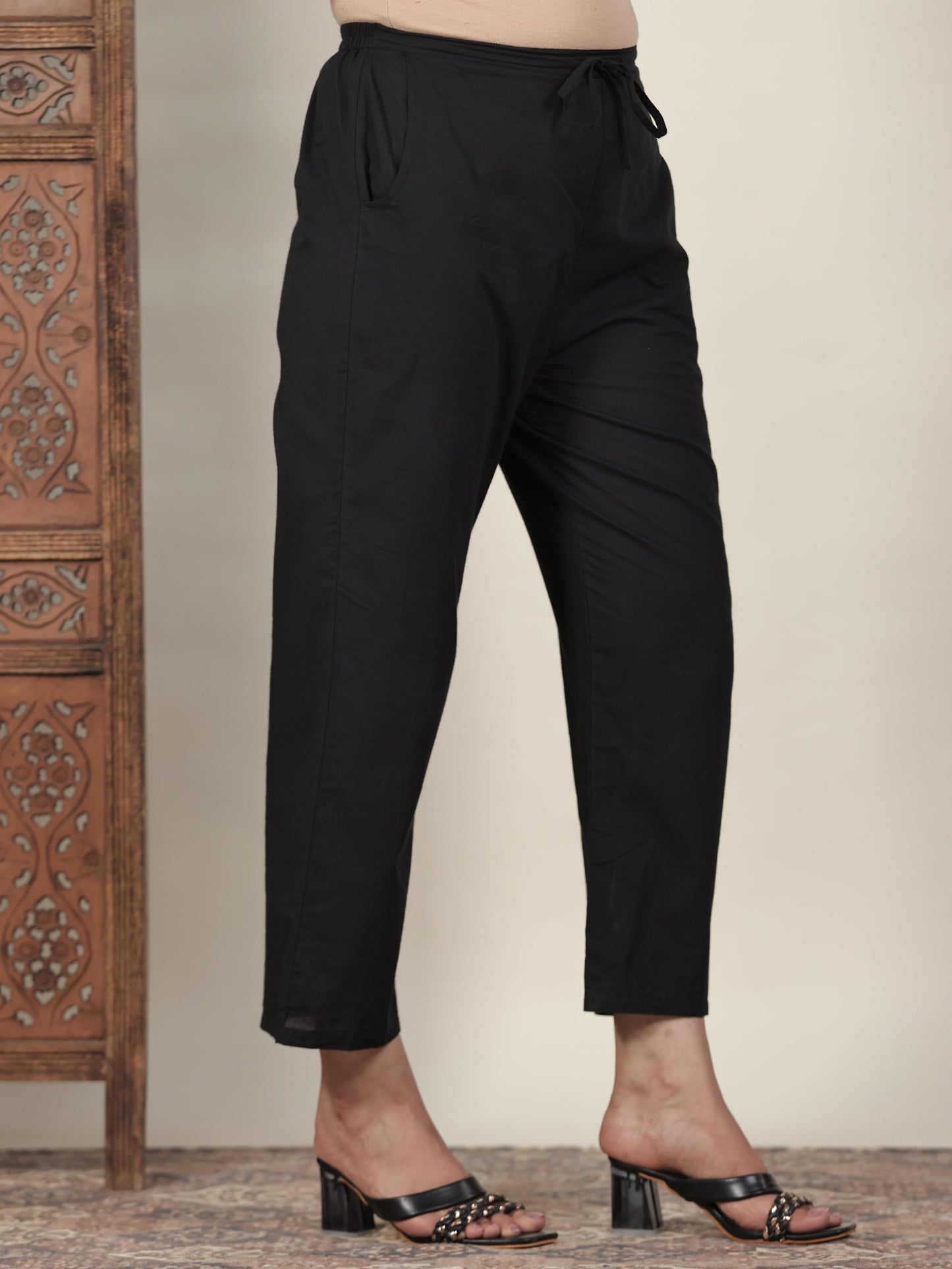 Soft Cotton Floral A-line Black Kurta