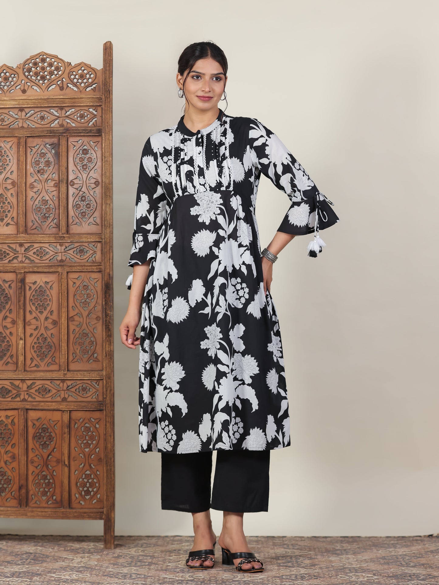 Soft Cotton Floral A-line Black Kurta