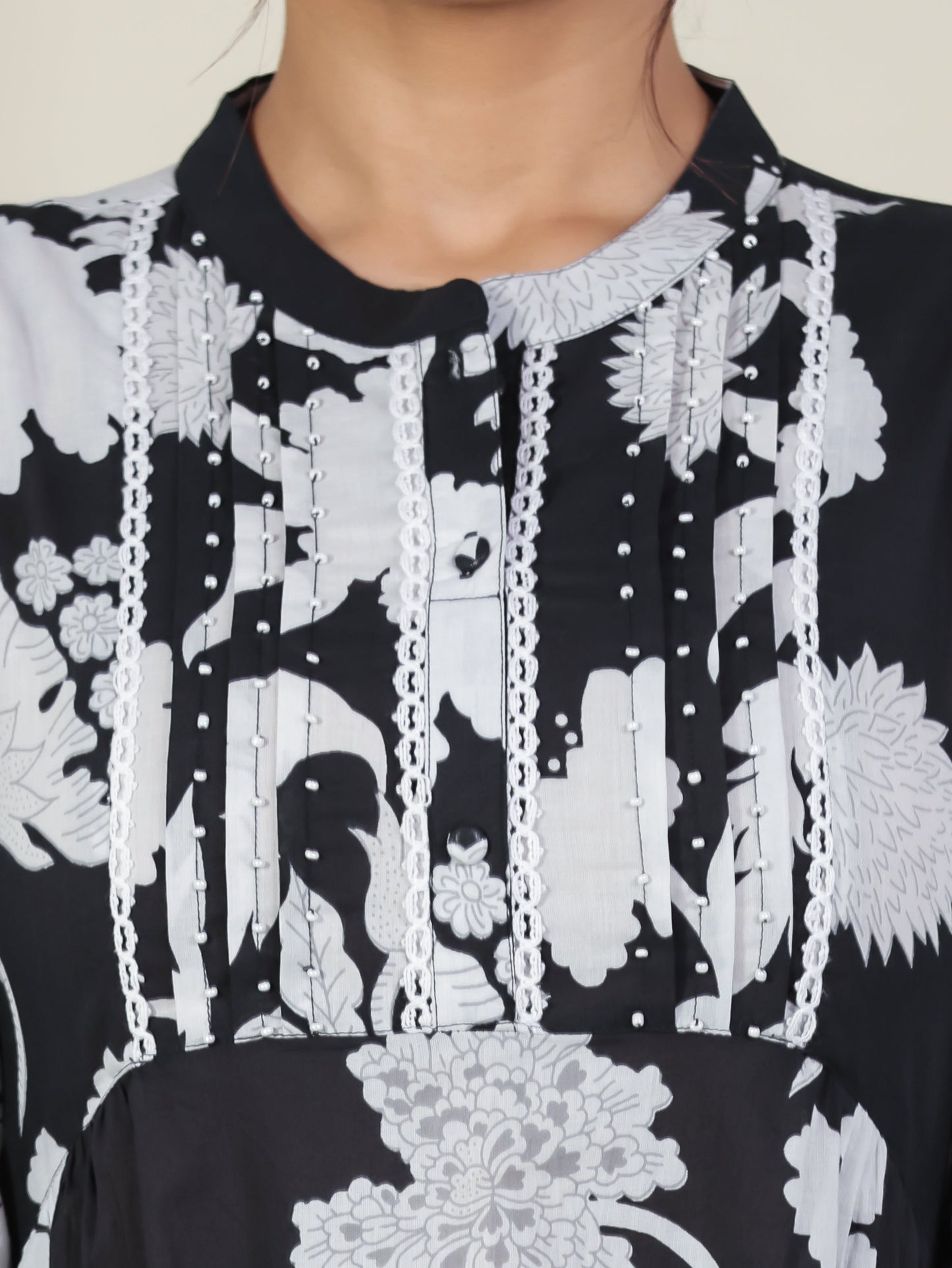 Soft Cotton Floral A-line Black Kurta