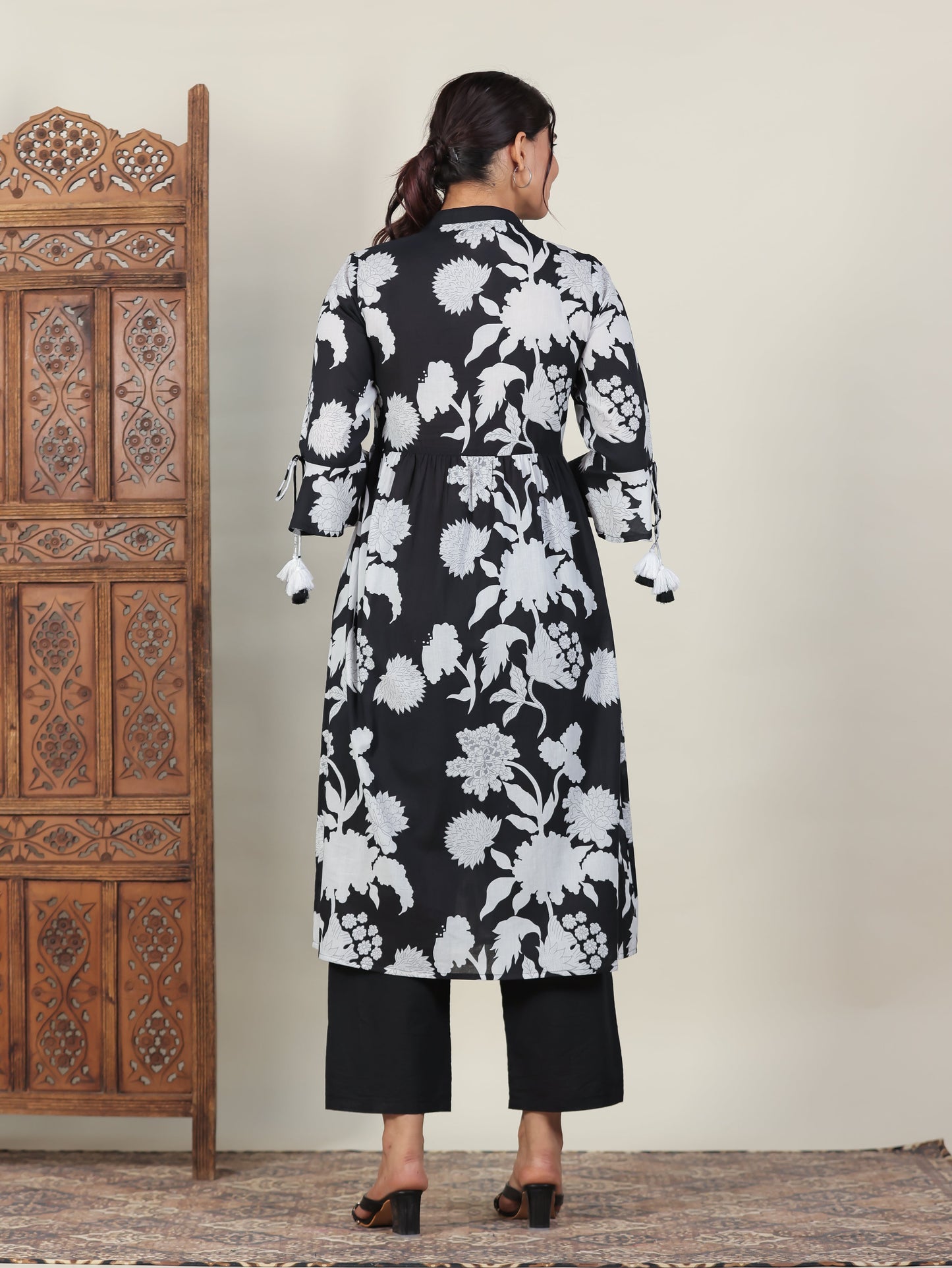 Soft Cotton Floral A-line Black Kurta