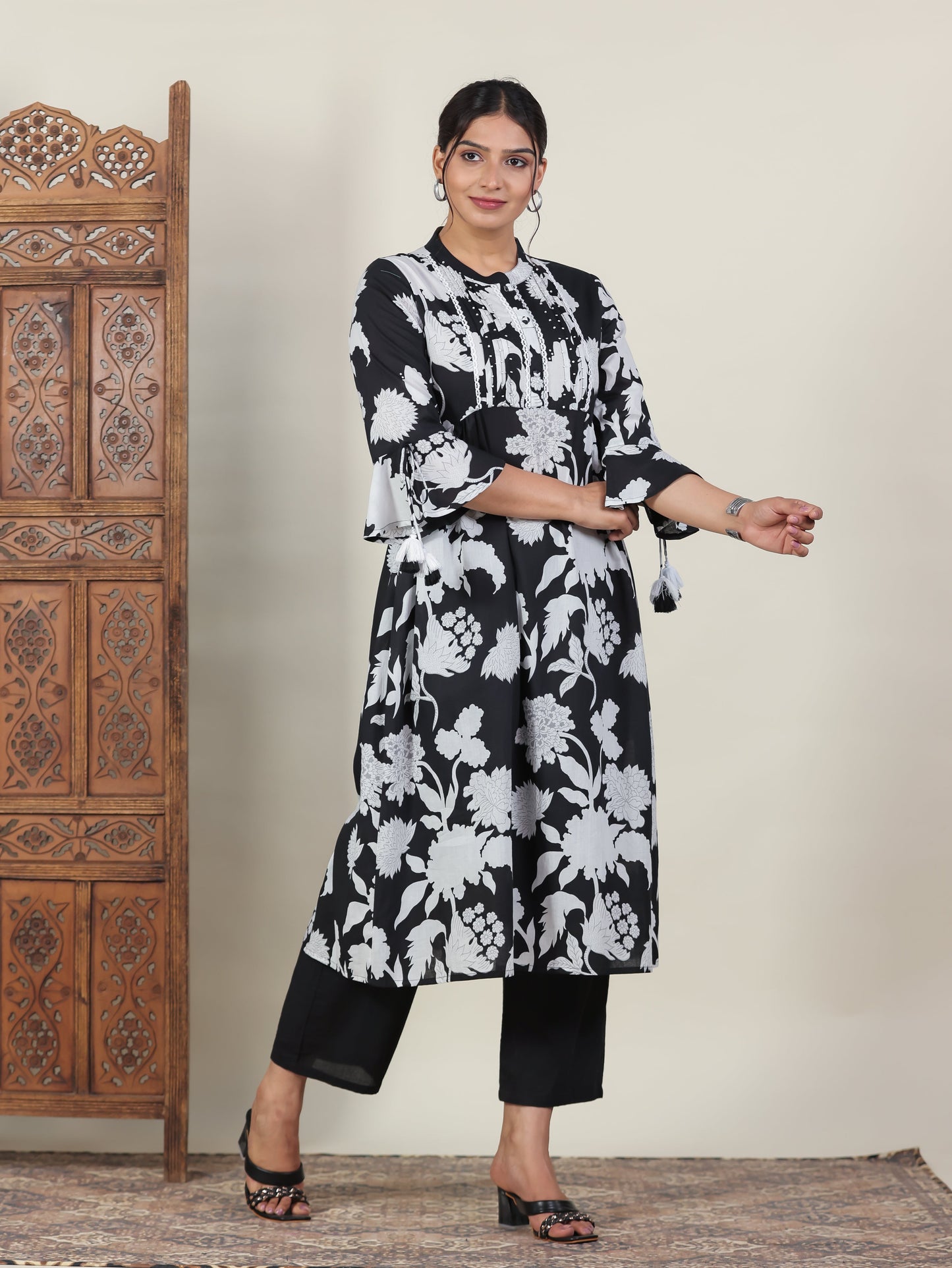 Soft Cotton Floral A-line Black Kurta