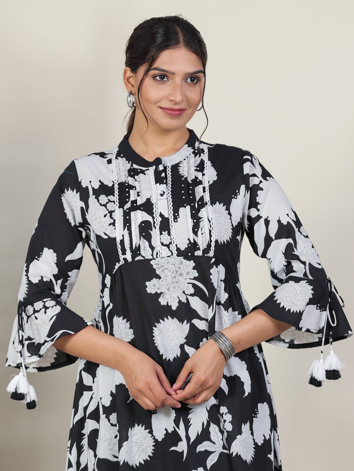 Soft Cotton Floral A-line Black Kurta
