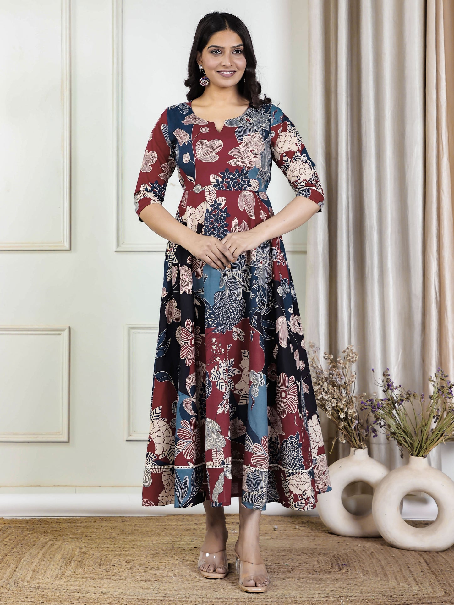 Soft Cotton Floral Anarkali Multicoloured Dress