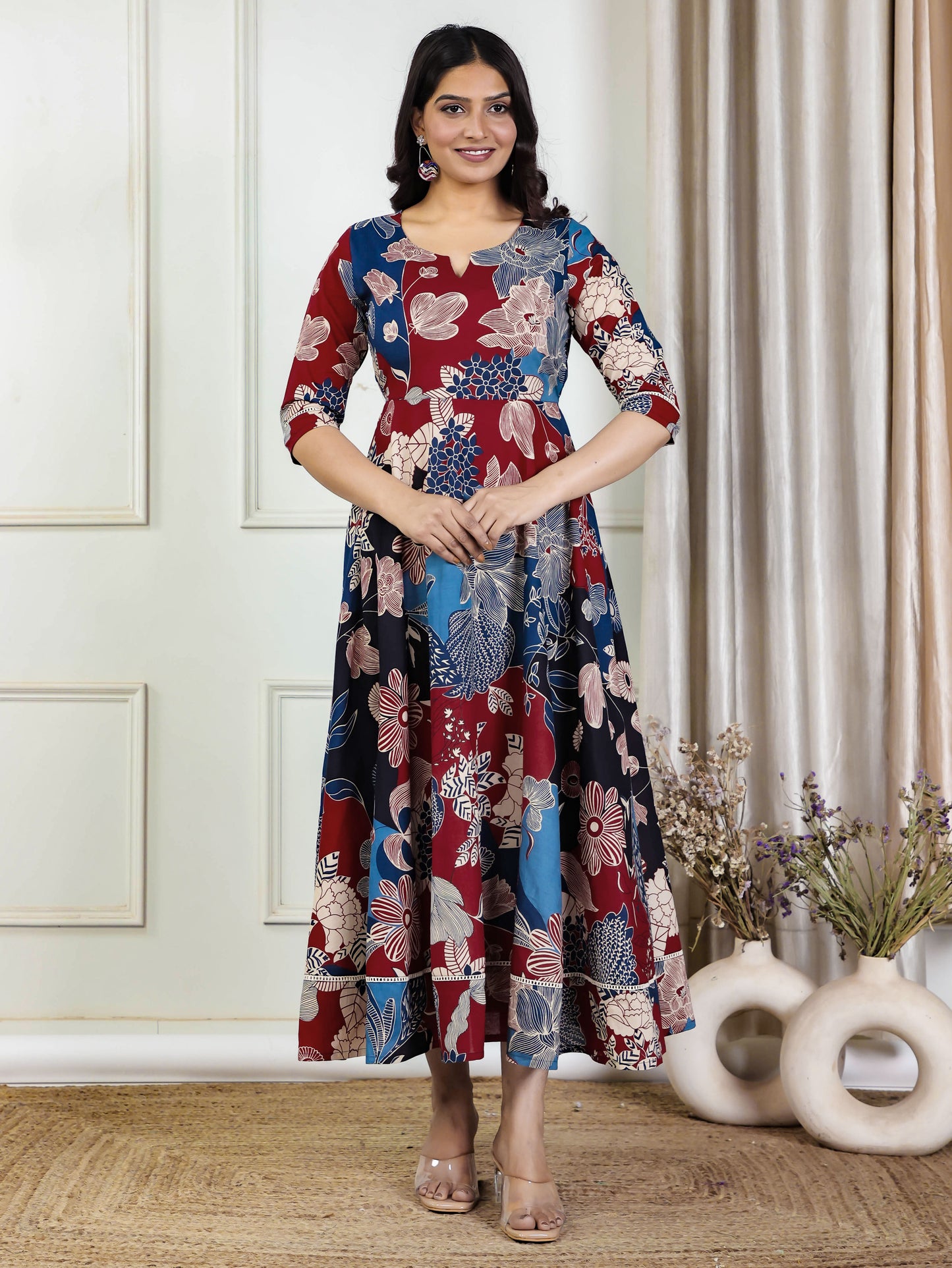 Soft Cotton Floral Anarkali Multicoloured Dress