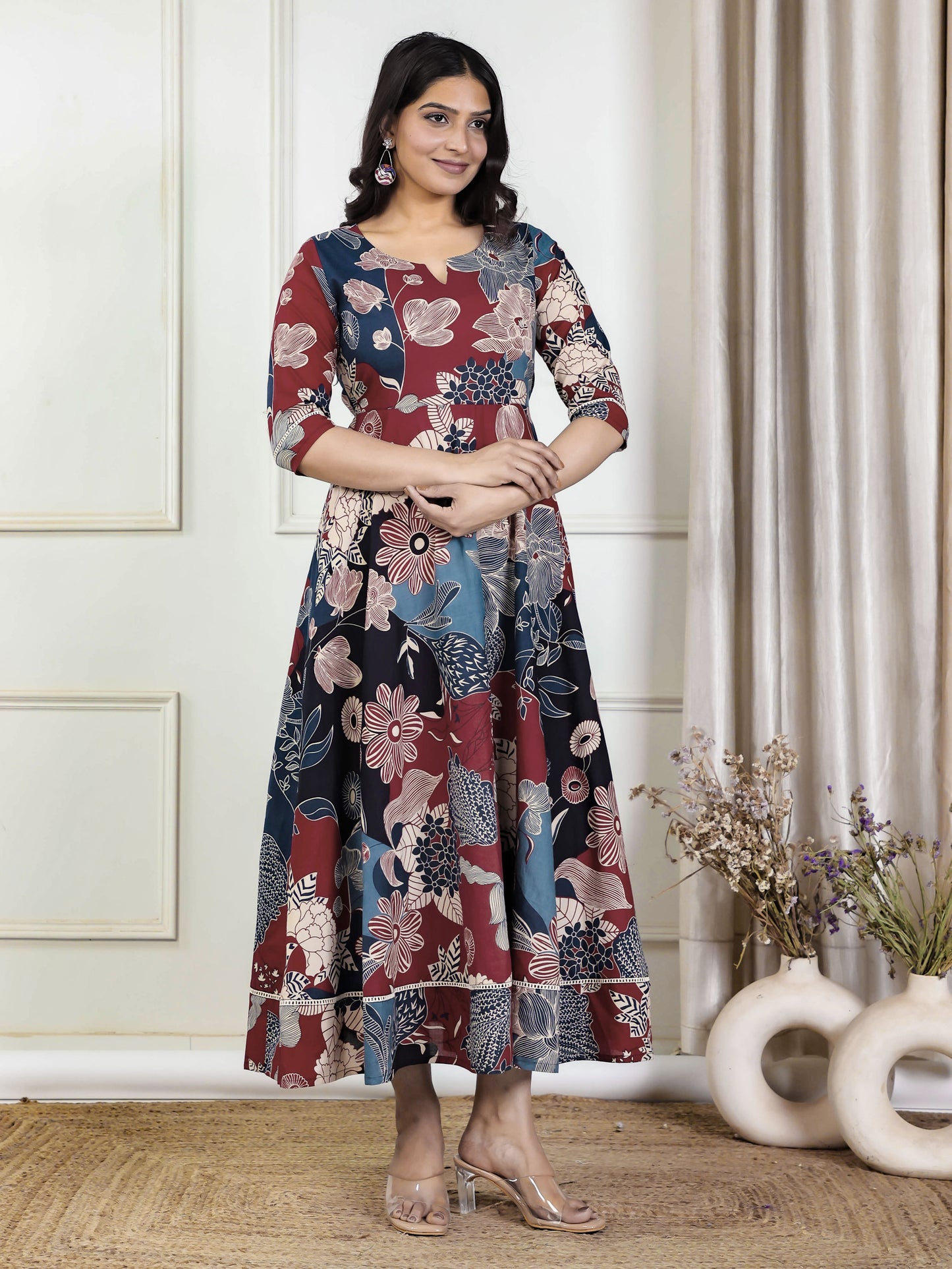 Soft Cotton Floral Anarkali Multicoloured Dress
