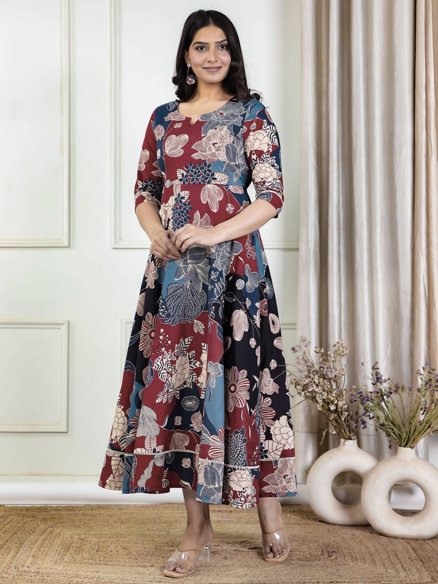 Soft Cotton Floral Anarkali Multicoloured Dress