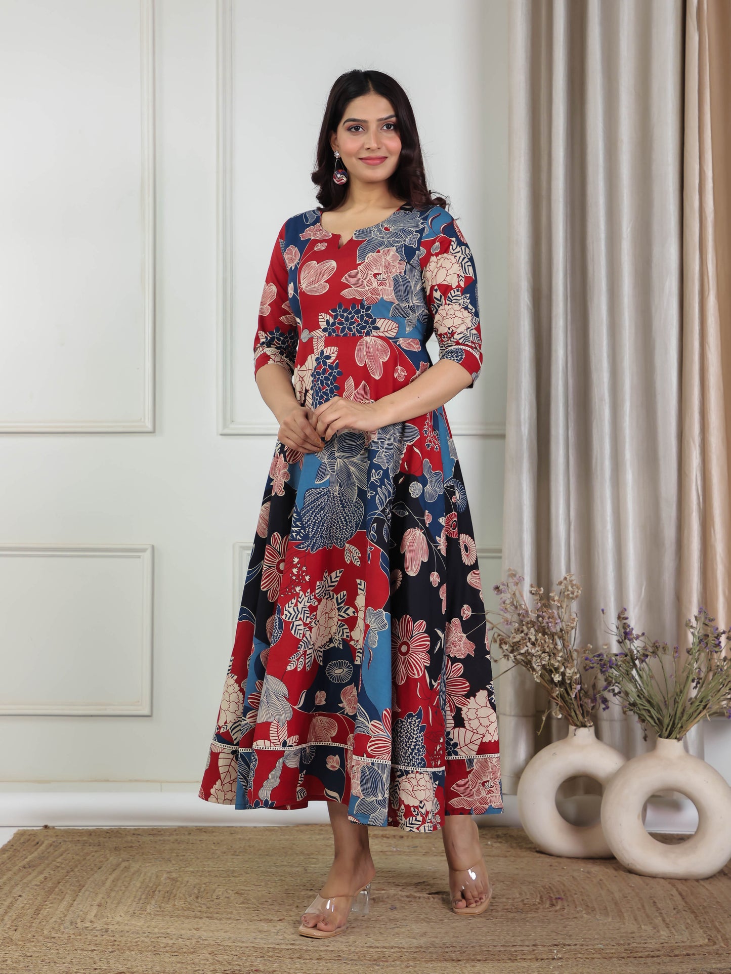 Soft Cotton Floral Anarkali Multicoloured Dress