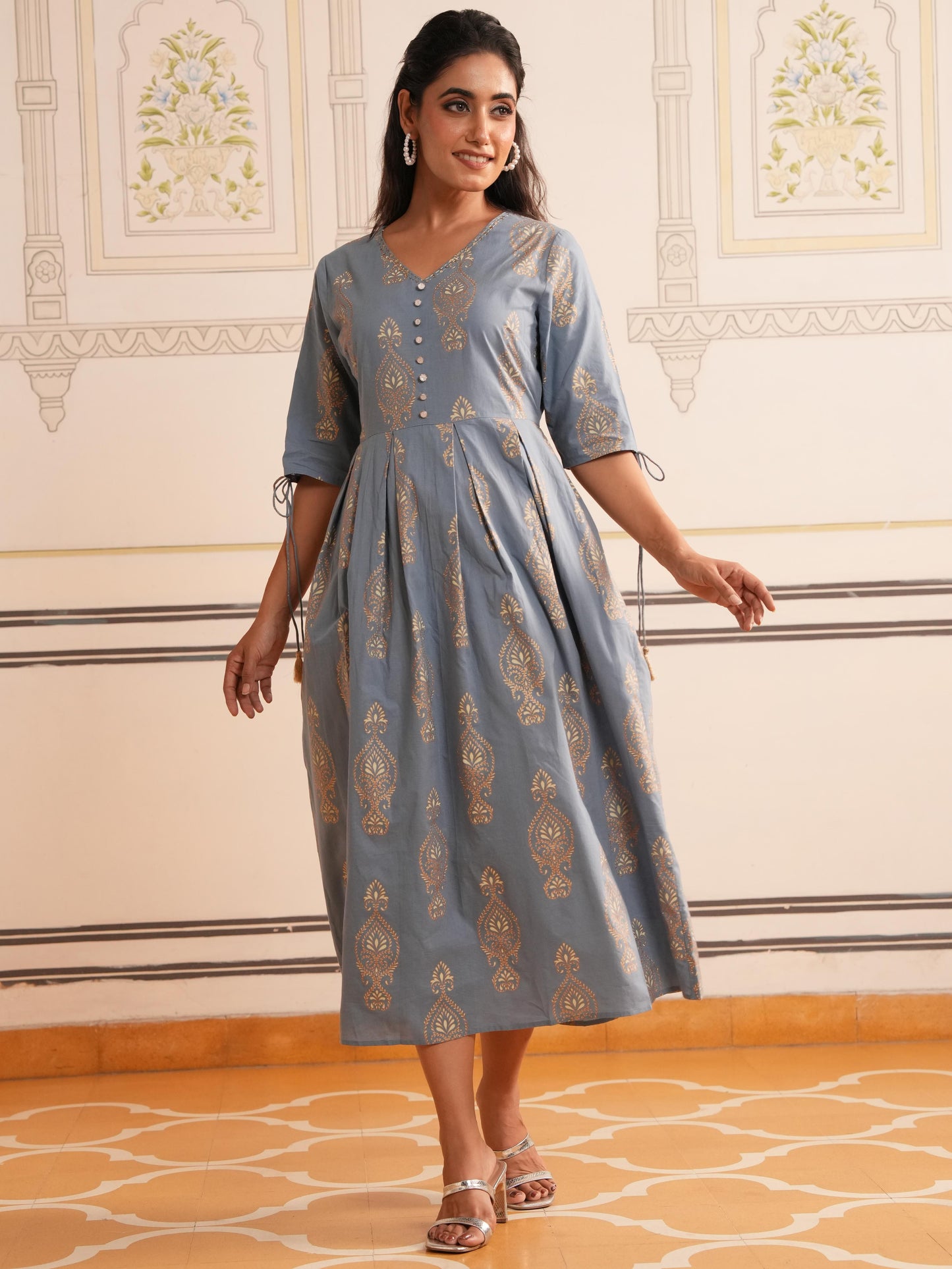 Embroidered Soft Cotton Block Print Blue Kurta