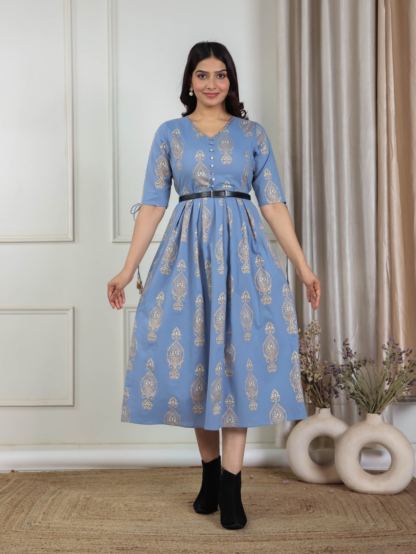 Embroidered Soft Cotton Block Print Blue Kurta