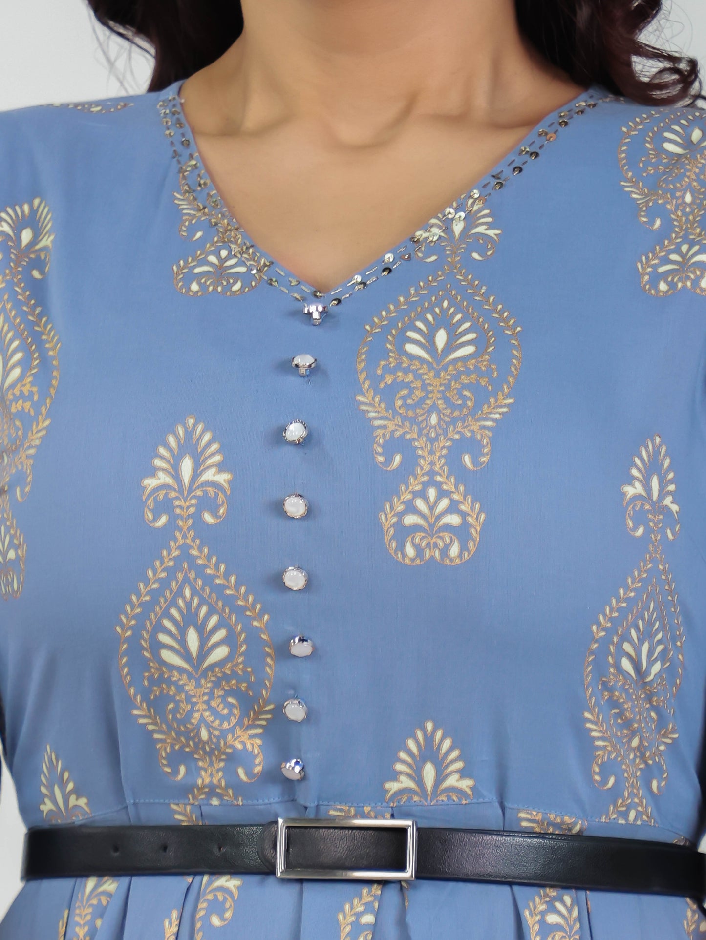 Embroidered Soft Cotton Block Print Blue Kurta