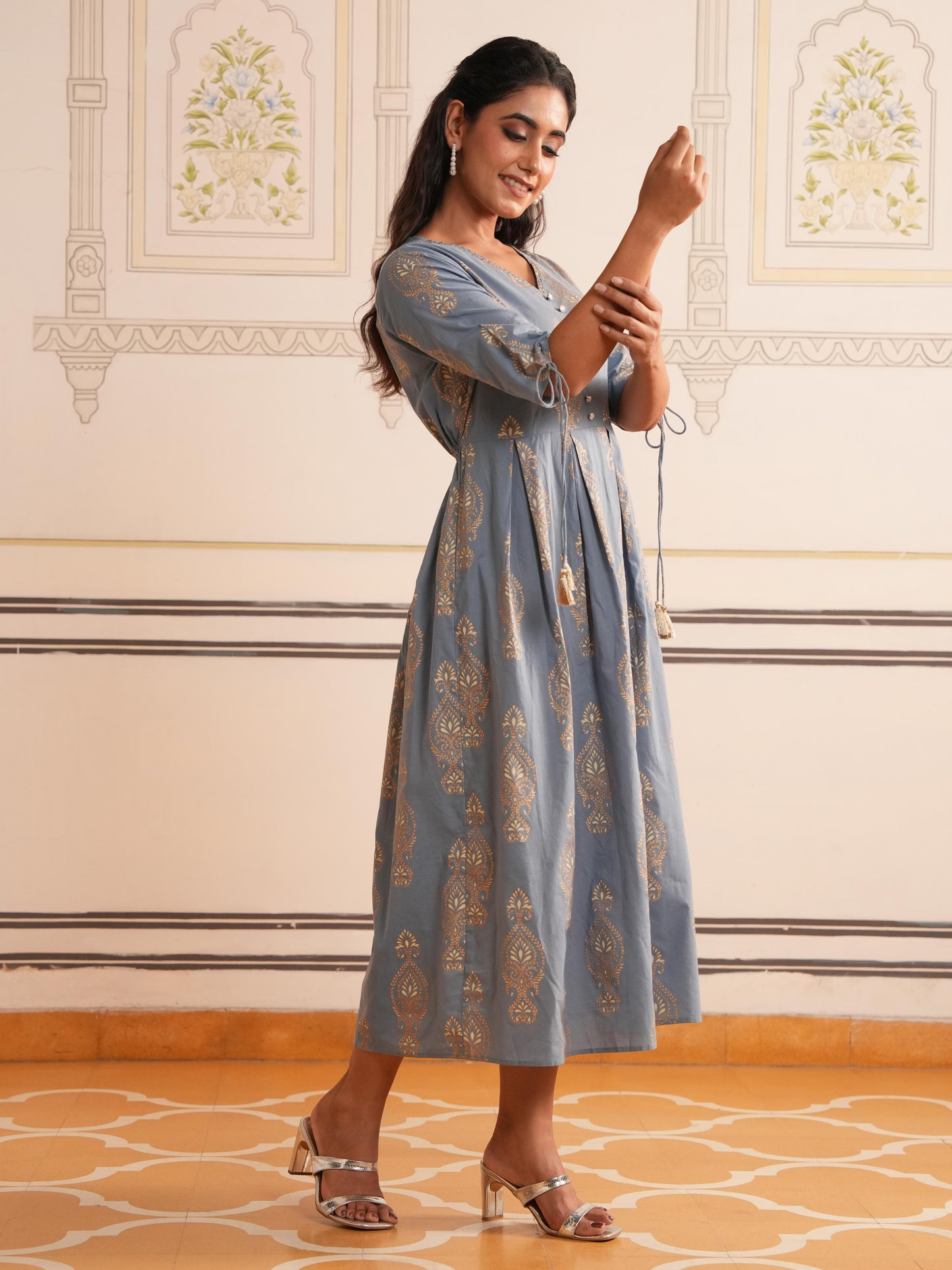 Embroidered Soft Cotton Block Print Blue Kurta