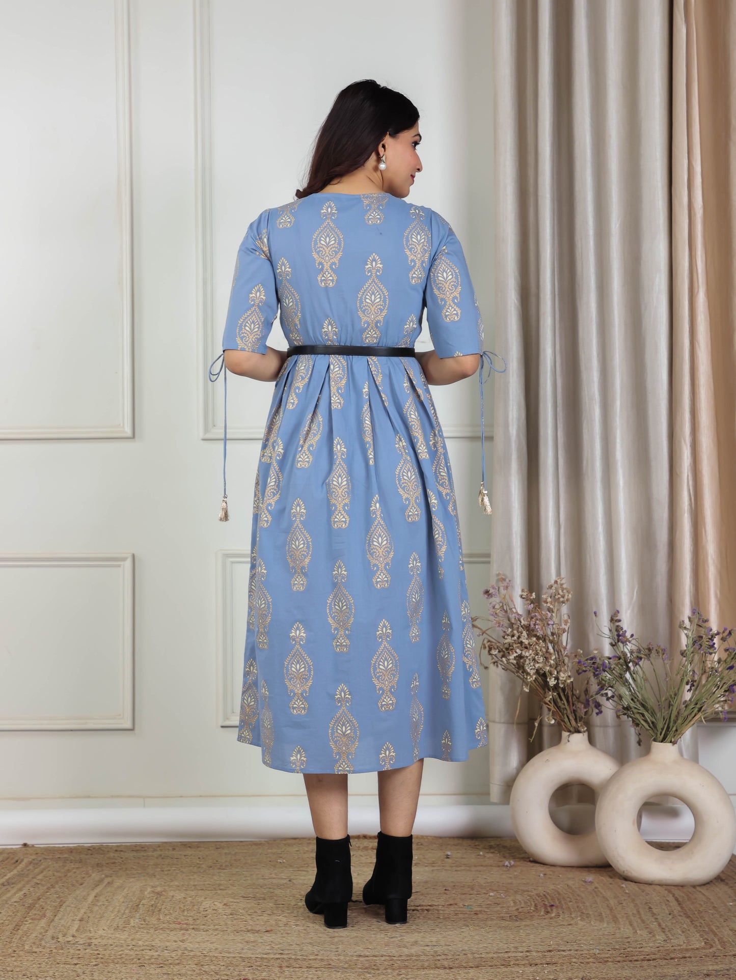 Embroidered Soft Cotton Block Print Blue Kurta