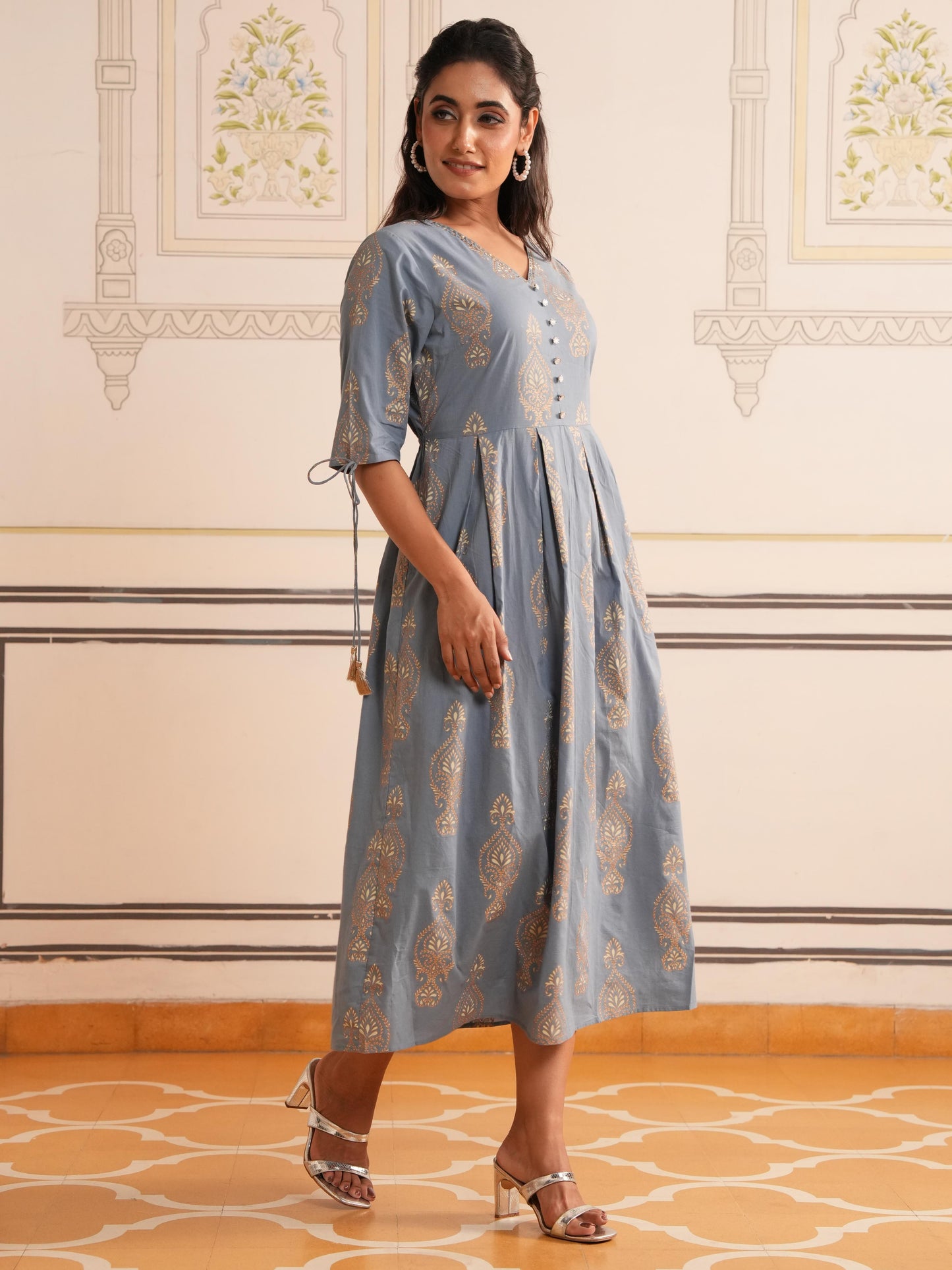 Embroidered Soft Cotton Block Print Blue Kurta