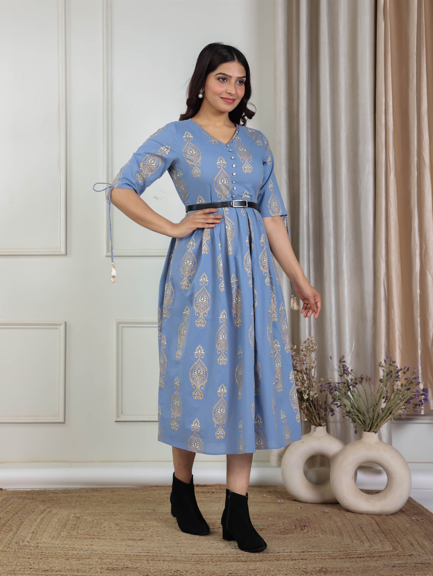 Embroidered Soft Cotton Block Print Blue Kurta