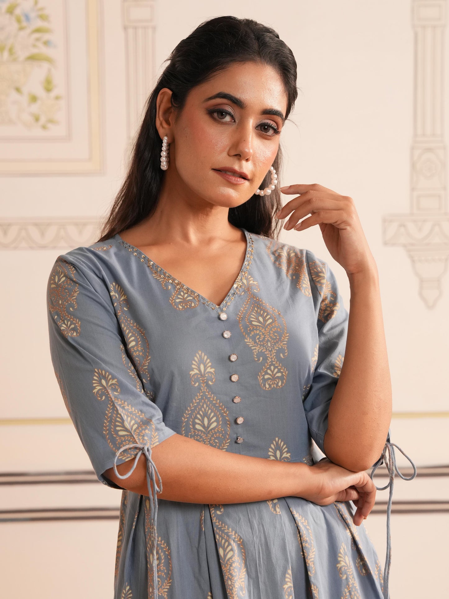 Embroidered Soft Cotton Block Print Blue Kurta