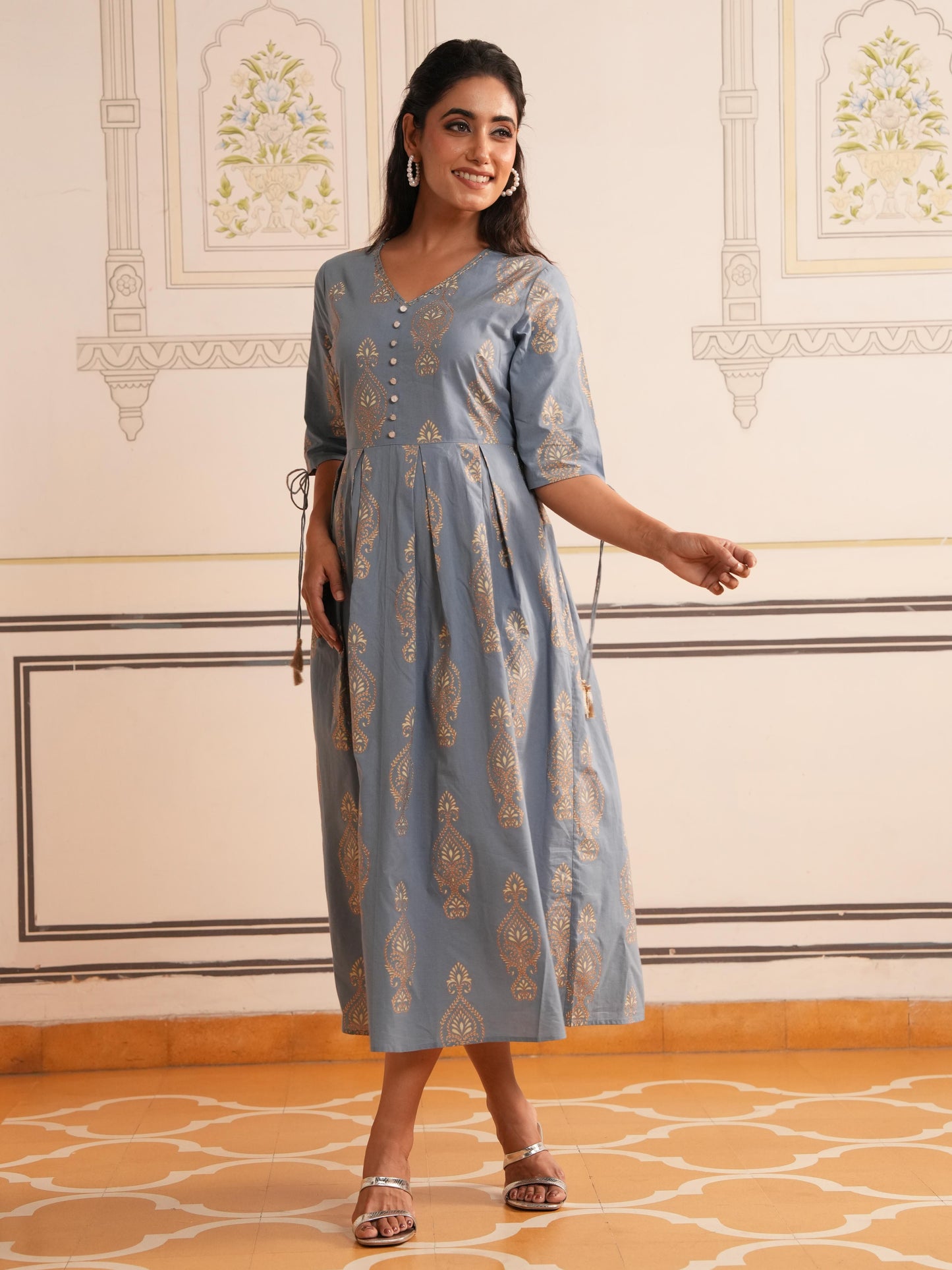 Embroidered Soft Cotton Block Print Blue Kurta