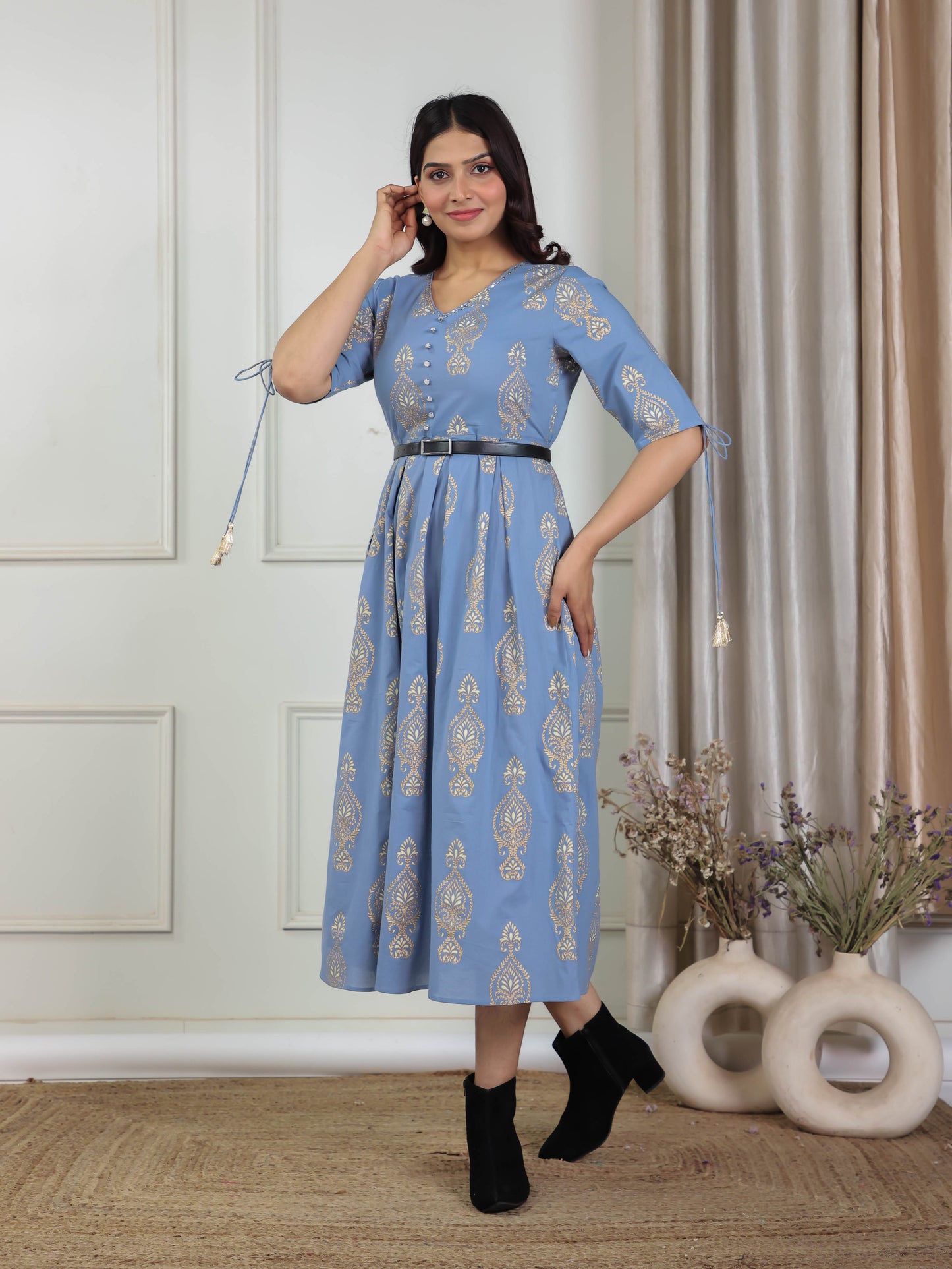 Embroidered Soft Cotton Block Print Blue Kurta