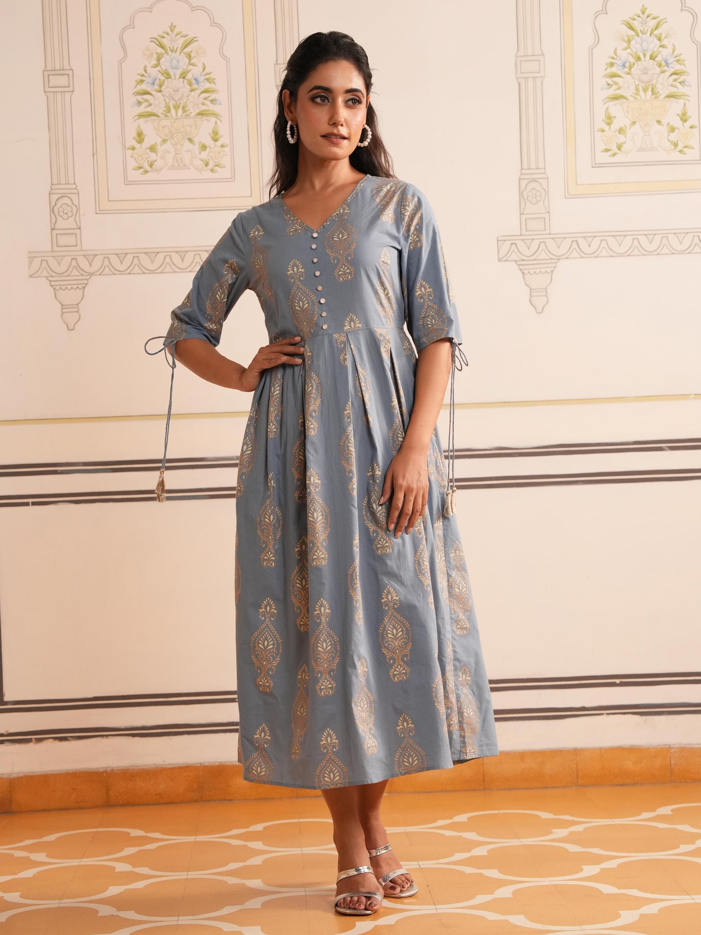 Embroidered Soft Cotton Block Print Blue Kurta
