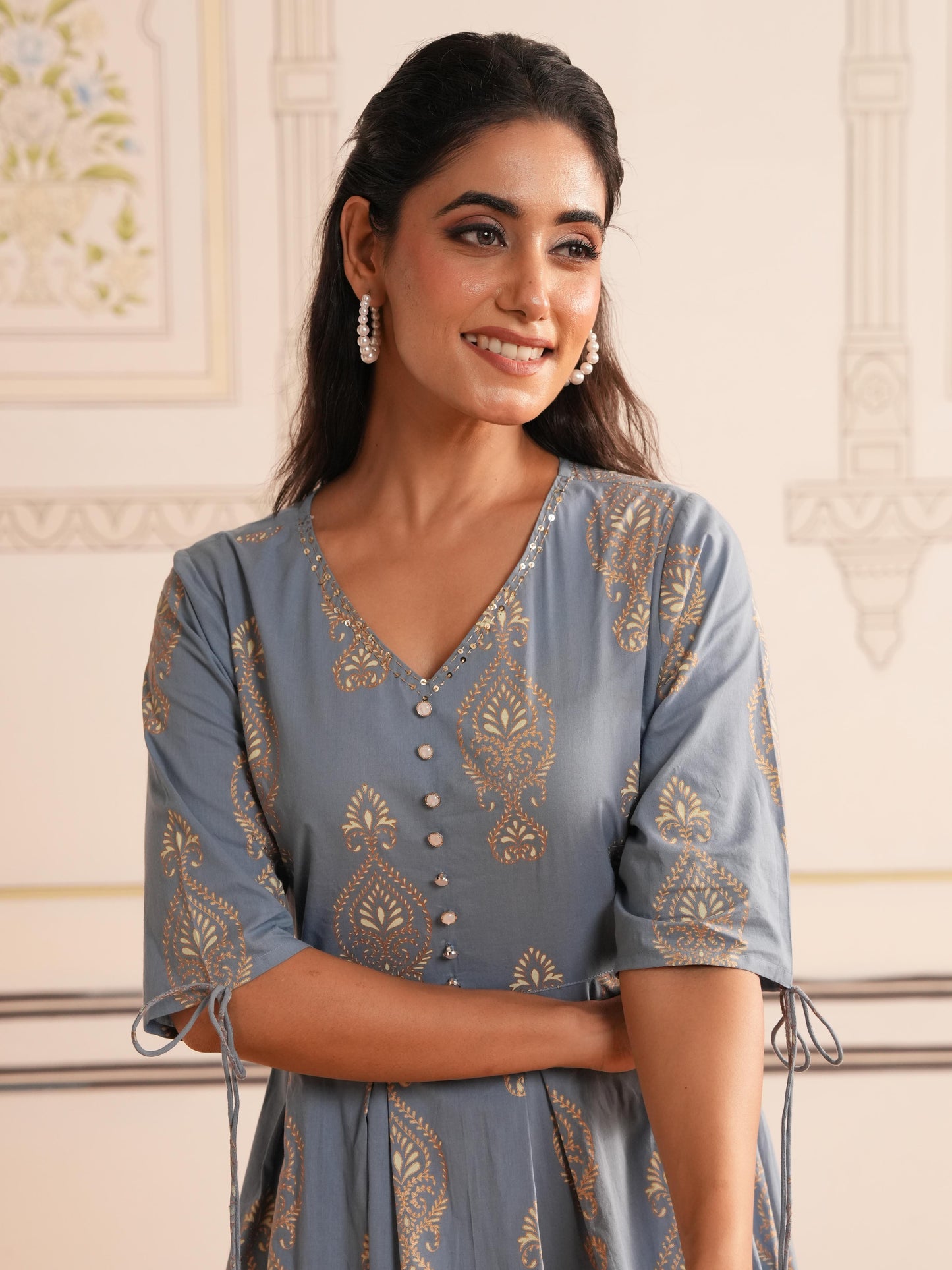 Embroidered Soft Cotton Block Print Blue Kurta