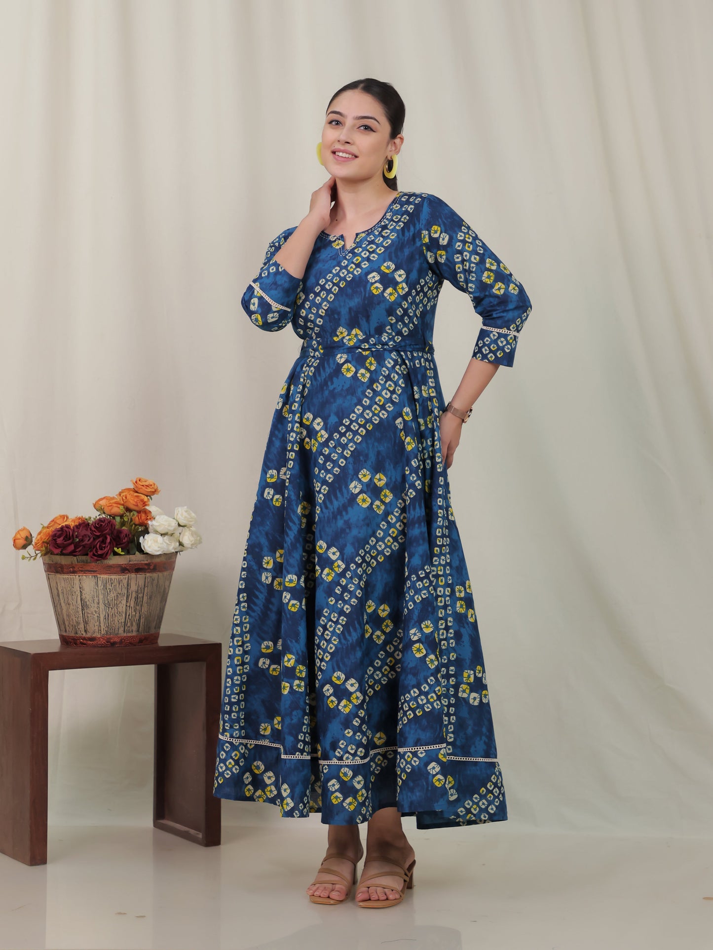 Embroidered Soft Cotton Bandhani Anarkali Blue Dress