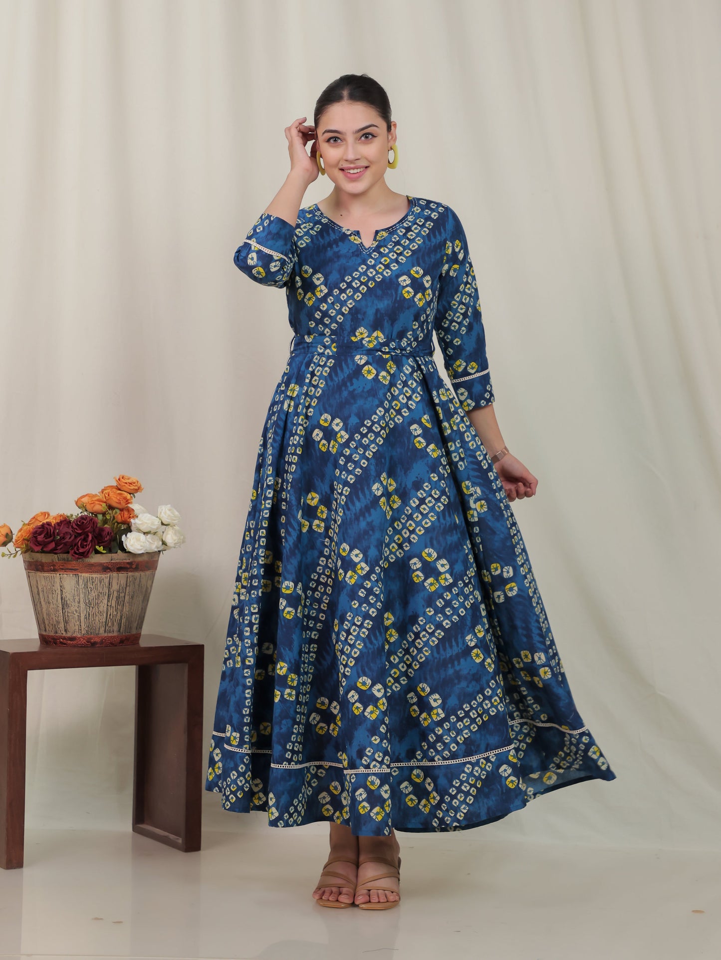 Embroidered Soft Cotton Bandhani Anarkali Blue Dress