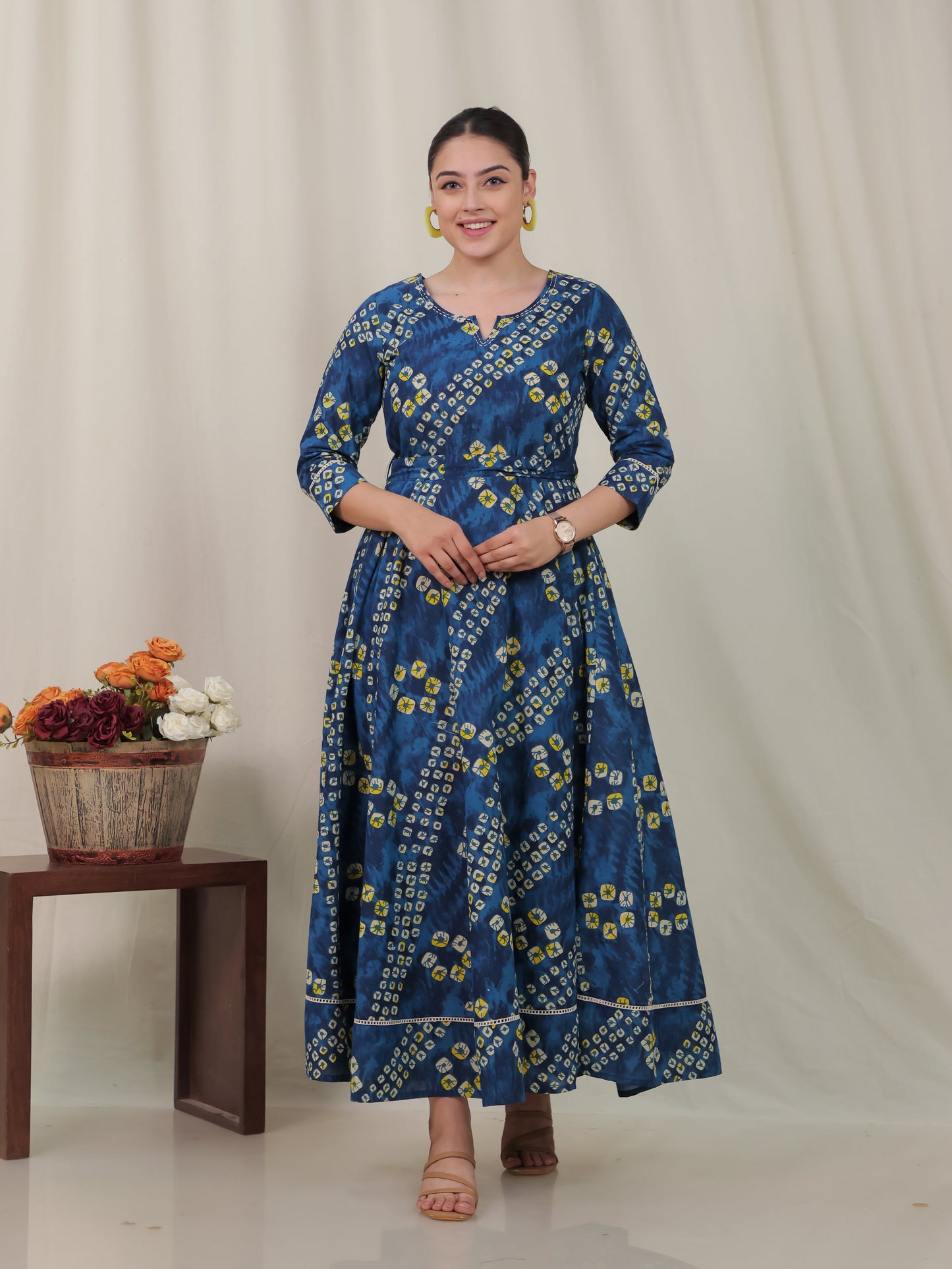 Embroidered Soft Cotton Bandhani Anarkali Blue Dress