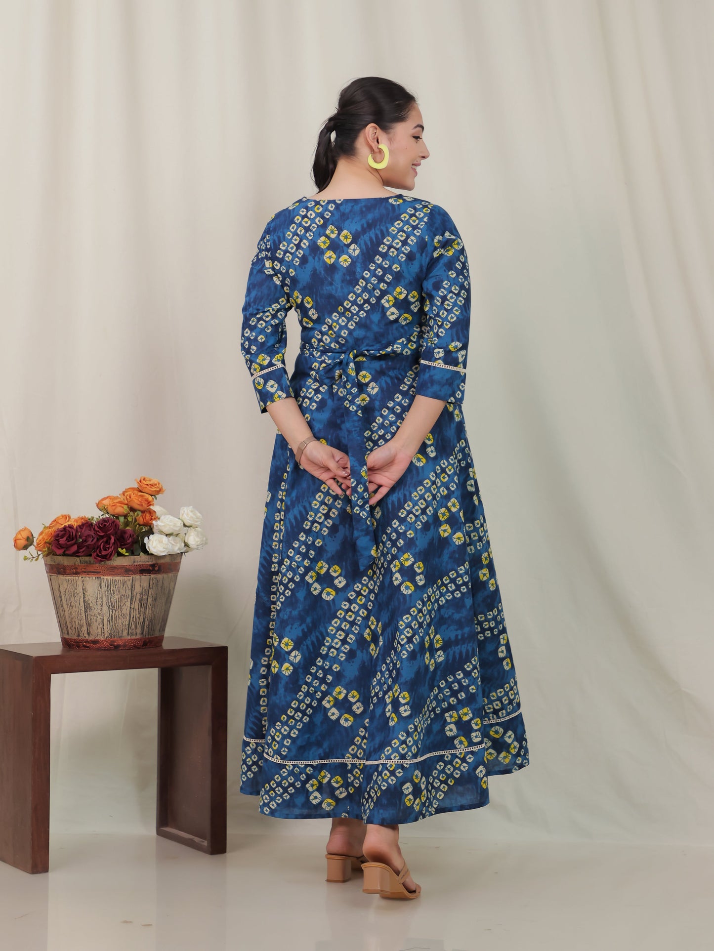 Embroidered Soft Cotton Bandhani Anarkali Blue Dress