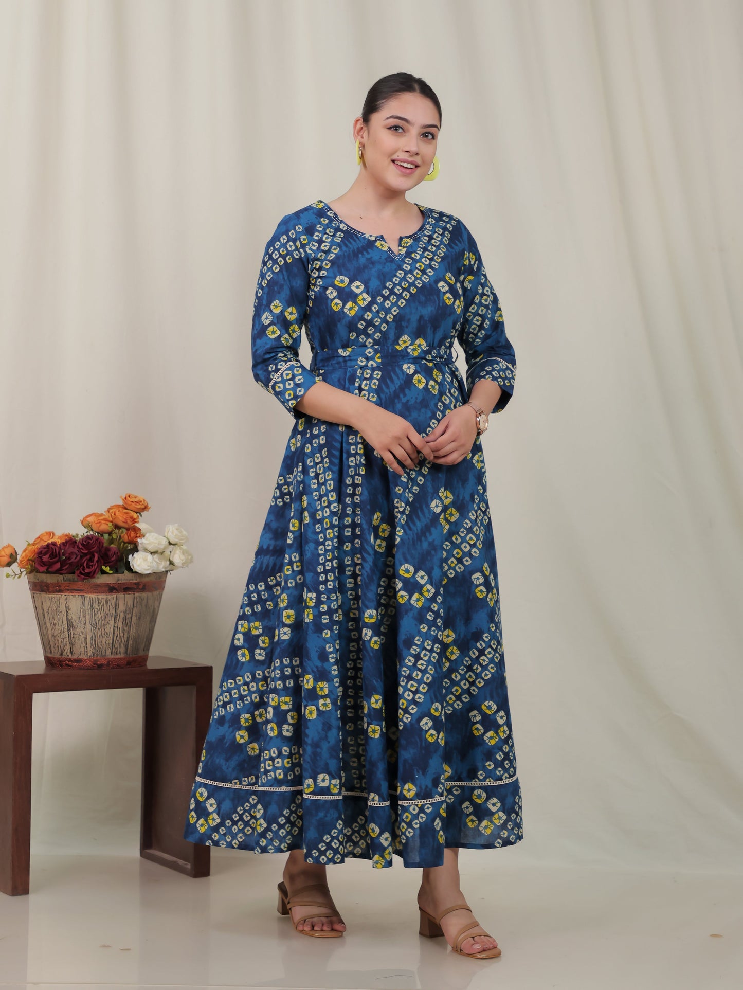 Embroidered Soft Cotton Bandhani Anarkali Blue Dress