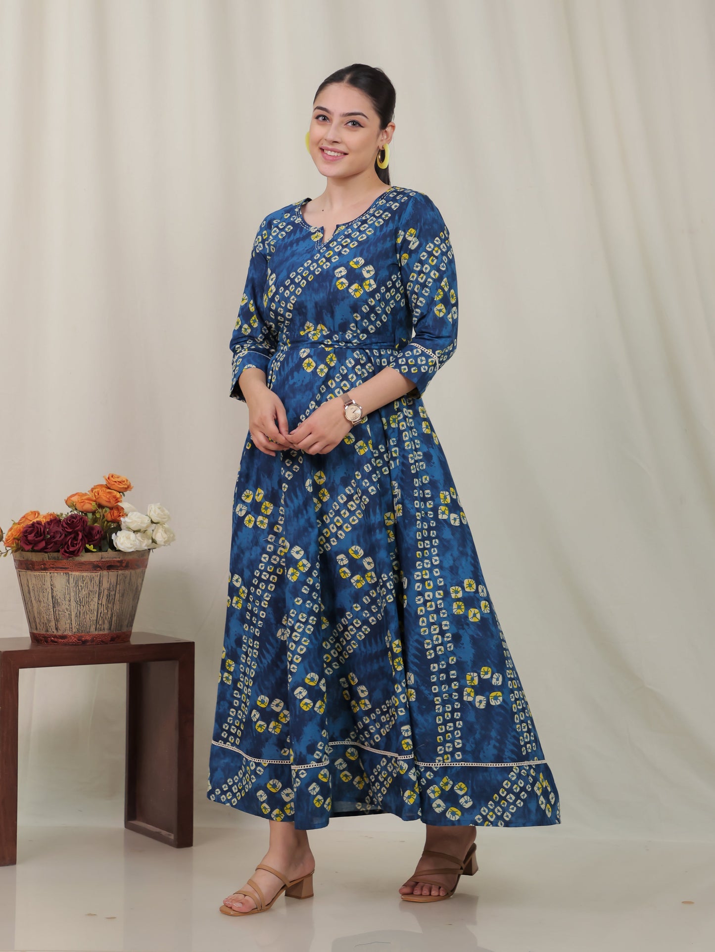 Embroidered Soft Cotton Bandhani Anarkali Blue Dress