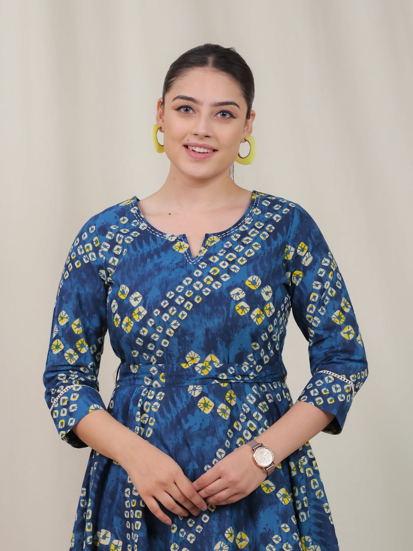 Embroidered Soft Cotton Bandhani Anarkali Blue Dress
