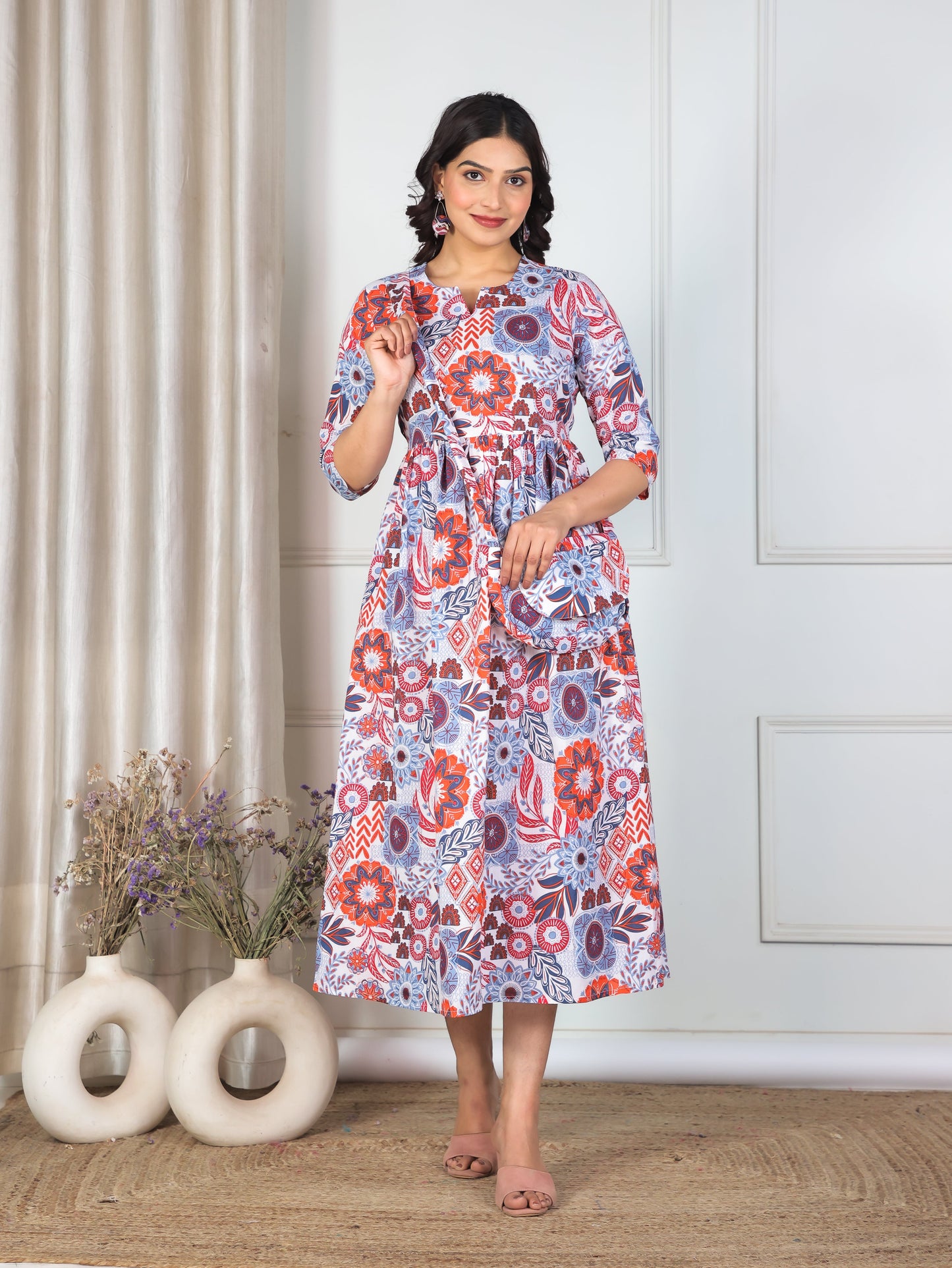 Soft Cotton Geometric Gathered White Dress